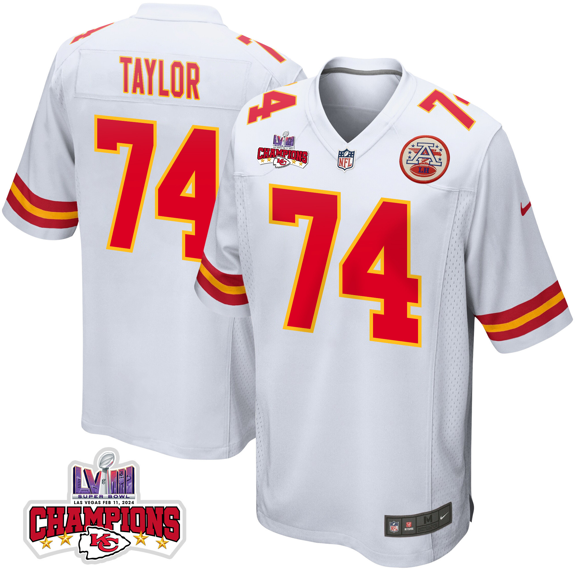 Jawaan Taylor 74 Kansas City Chiefs Super Bowl LVIII Champions 4 Stars Patch Game White NFL Jersey Men's