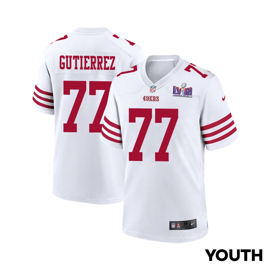 Alfredo Gutierrez 77 San Francisco 49ers Super Bowl LVIII Patch Game White NFL Jersey Youth