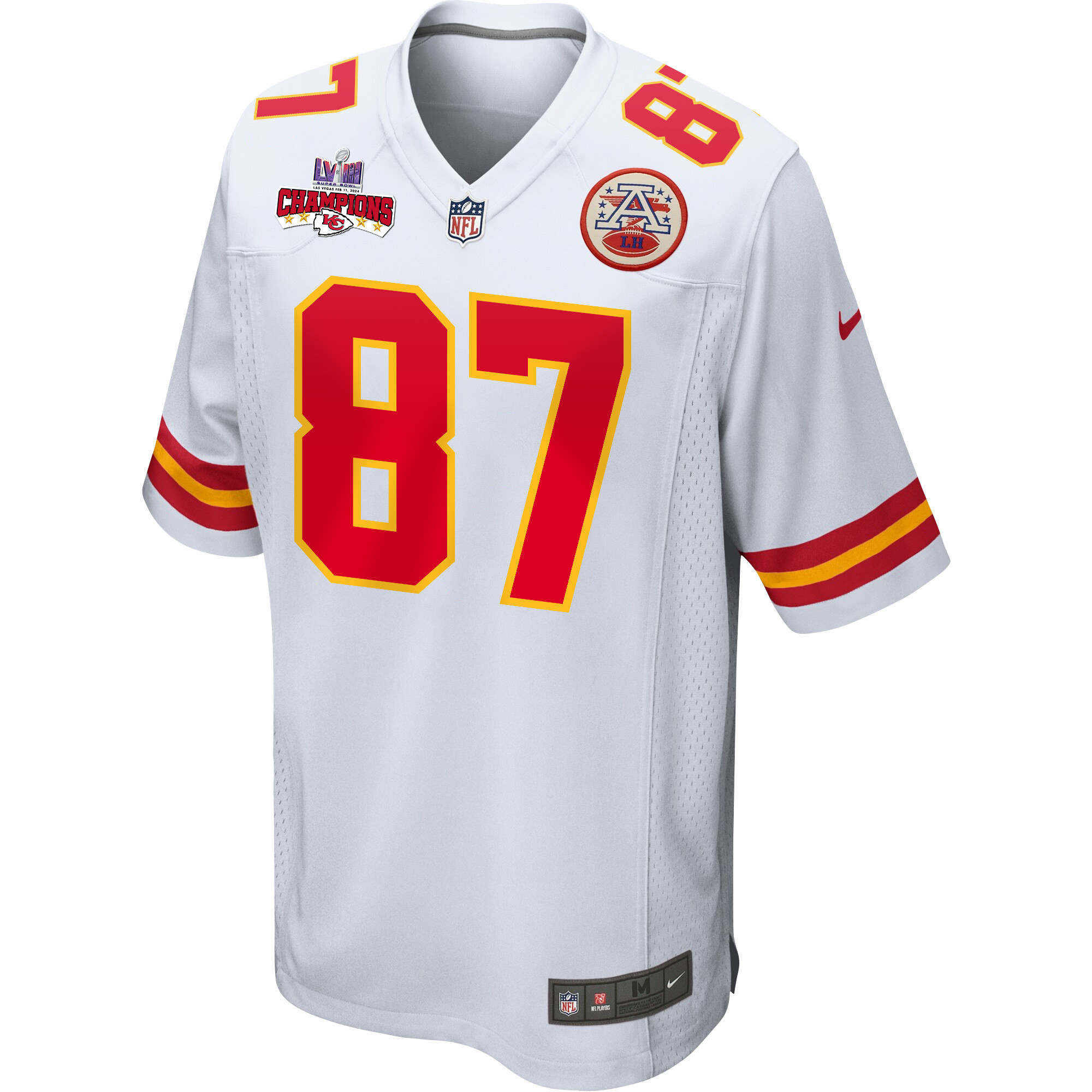 Travis Kelce 87 Kansas City Chiefs Super Bowl LVIII Champions 4 Stars Patch Game White NFL Jersey Men's