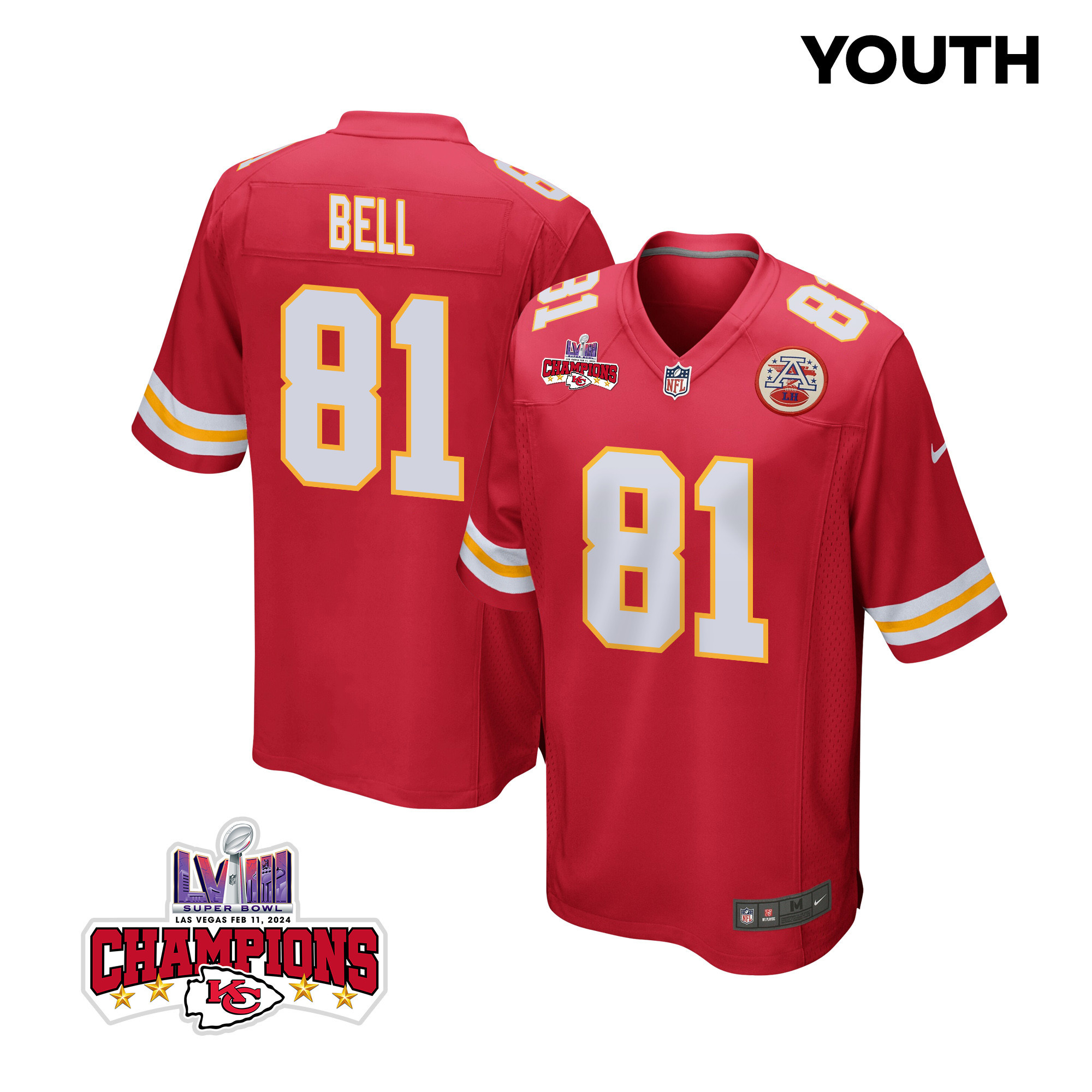 Blake Bell 81 Kansas City Chiefs Super Bowl LVIII Champions 4 Stars Patch Game Red NFL Jersey Youth
