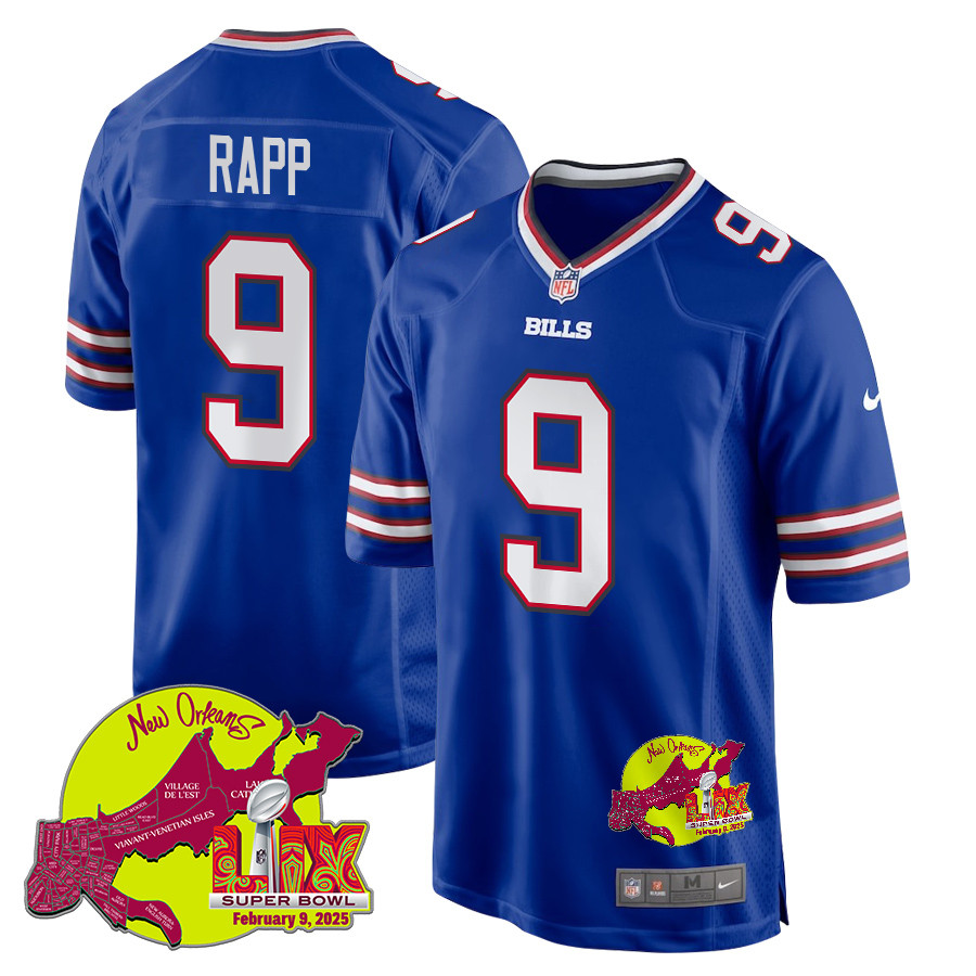 Taylor Rapp 9 Buffalo Bills Super Bowl LIX New Orleans Patch Game Royal NFL Jersey Men's