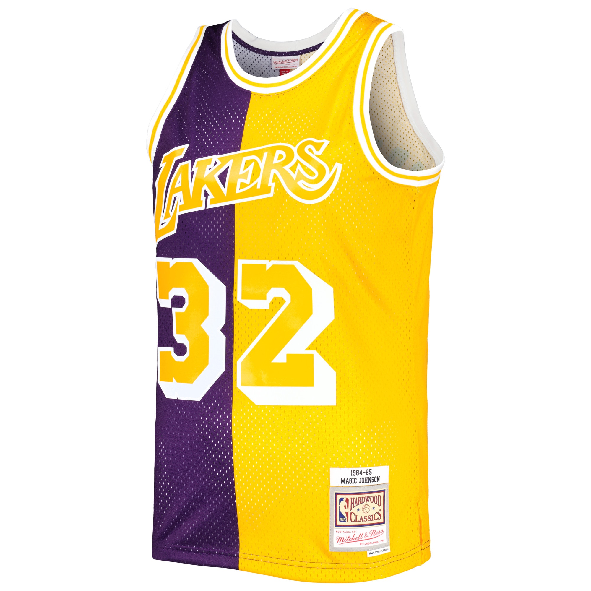 Mitchell Ness Magic Johnson Purple/Gold Los Angeles Lakers Hardwood Classics 1984/85 Split Swingman NBA Jersey Men's