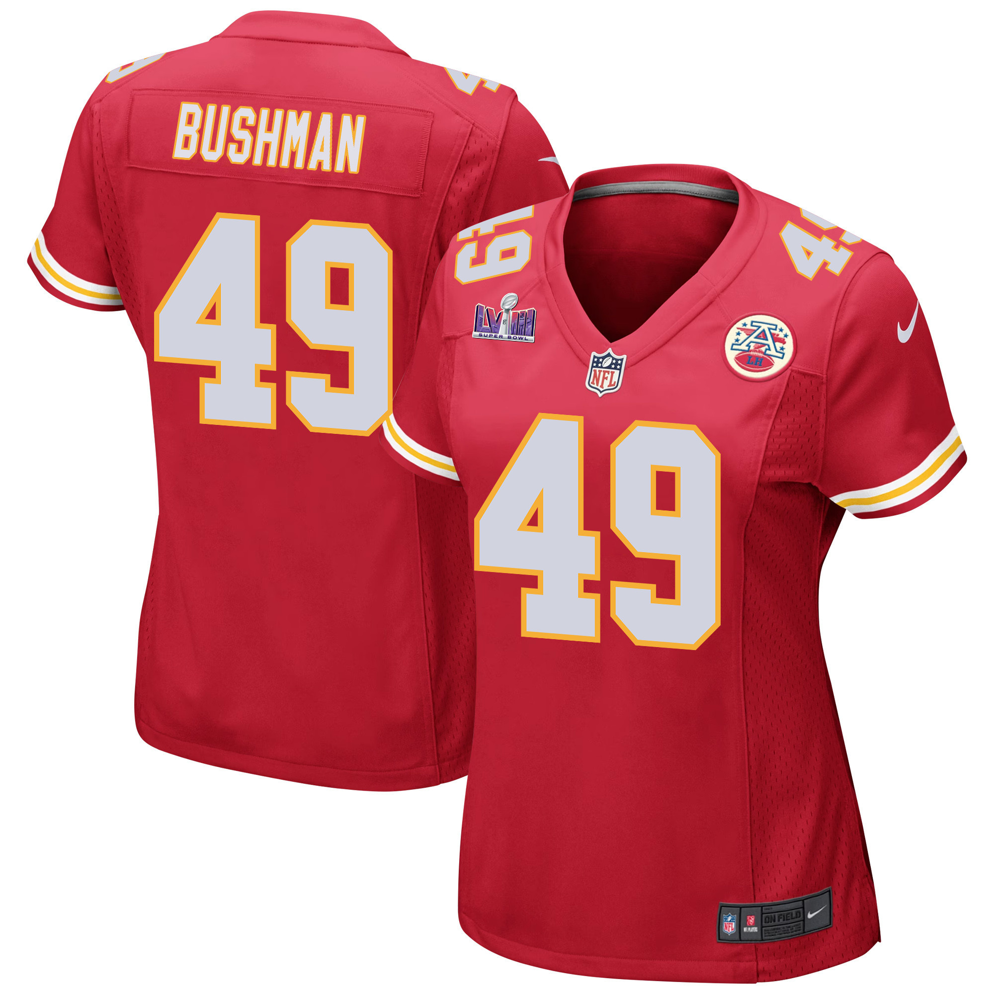 Matt Bushman 49 Kansas City Chiefs Super Bowl LVIII Patch Game Red NFL Jersey Women's