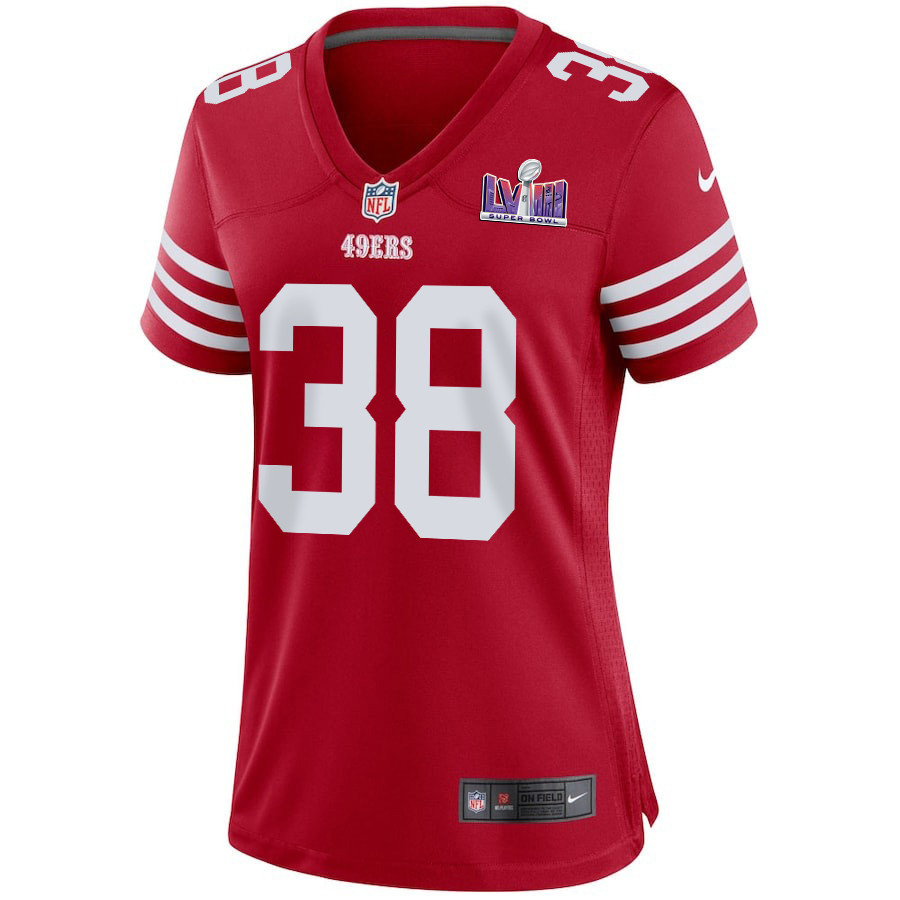 Kemon Hall 38 San Francisco 49ers Super Bowl LVIII Patch Game Scarlet NFL Jersey Women's