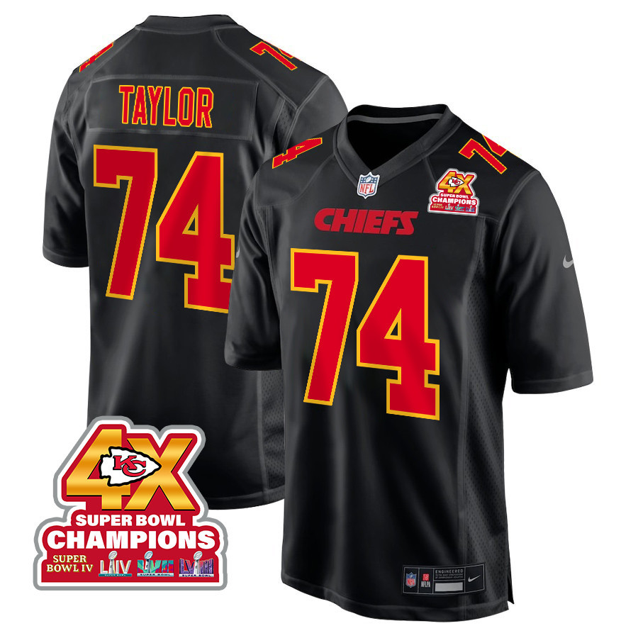 Jawaan Taylor 74 Kansas City Chiefs Super Bowl LVIII Champions 4X Fashion Game Carbon Black NFL Jersey Men's