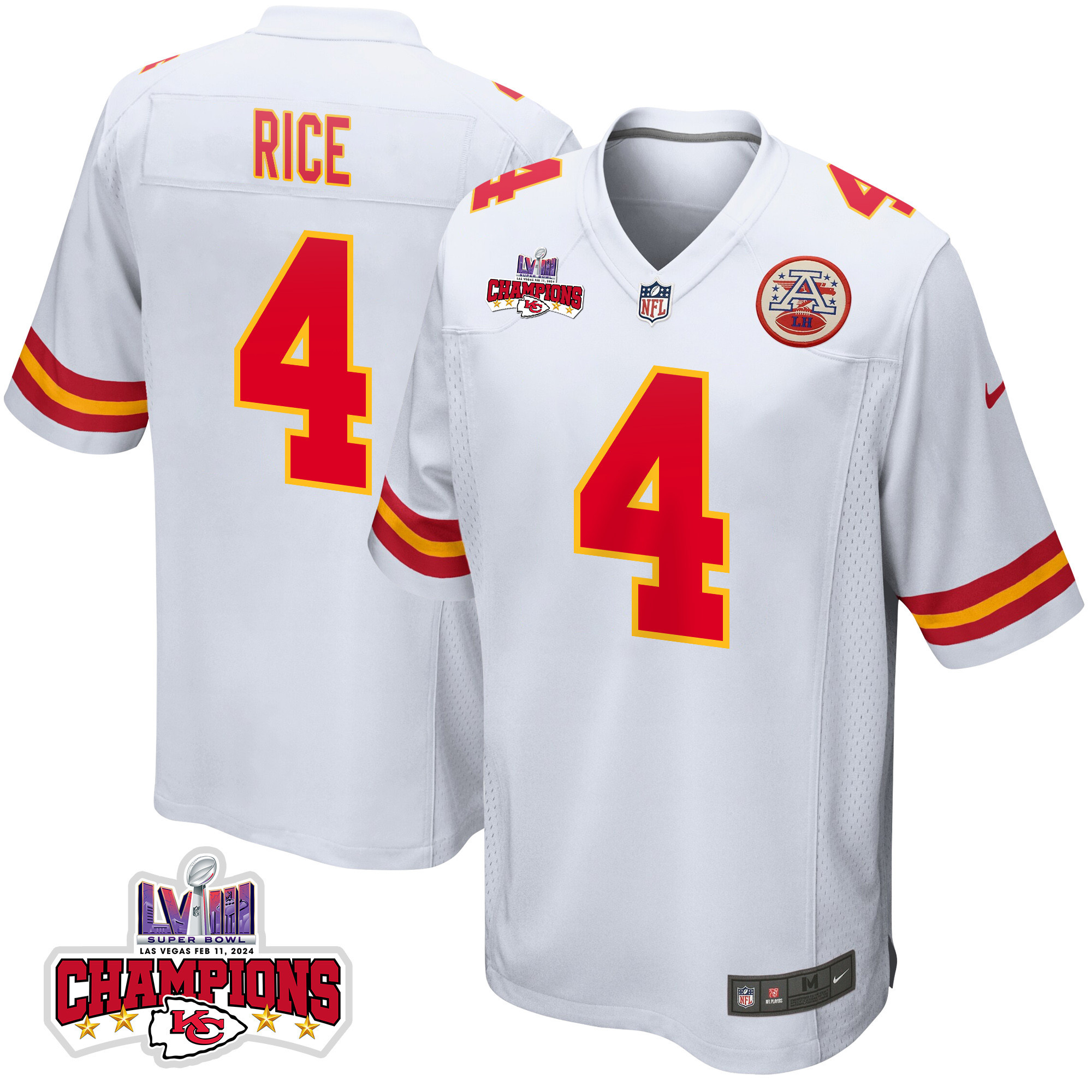 Rashee Rice 4 Kansas City Chiefs Super Bowl LVIII Champions 4 Stars Patch Game White NFL Jersey Men's