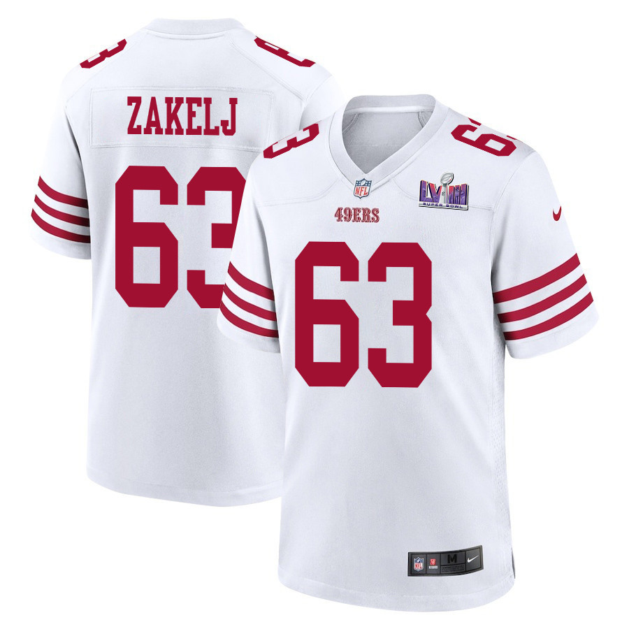 Nick Zakelj 63 San Francisco 49ers Super Bowl LVIII Patch Game White NFL Jersey Men's