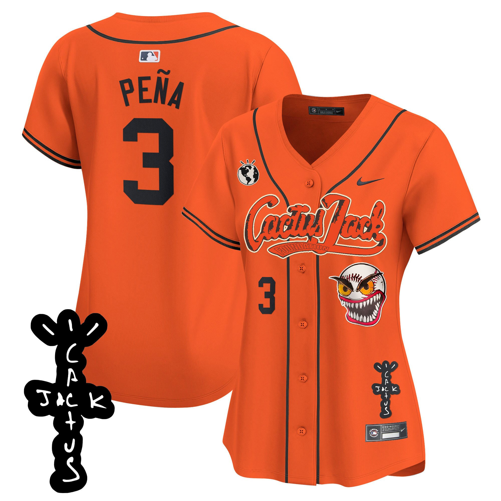 Jeremy Pena 3 Houston Astros Cactus Jack Patch V2 Orange MLB Jersey Women's