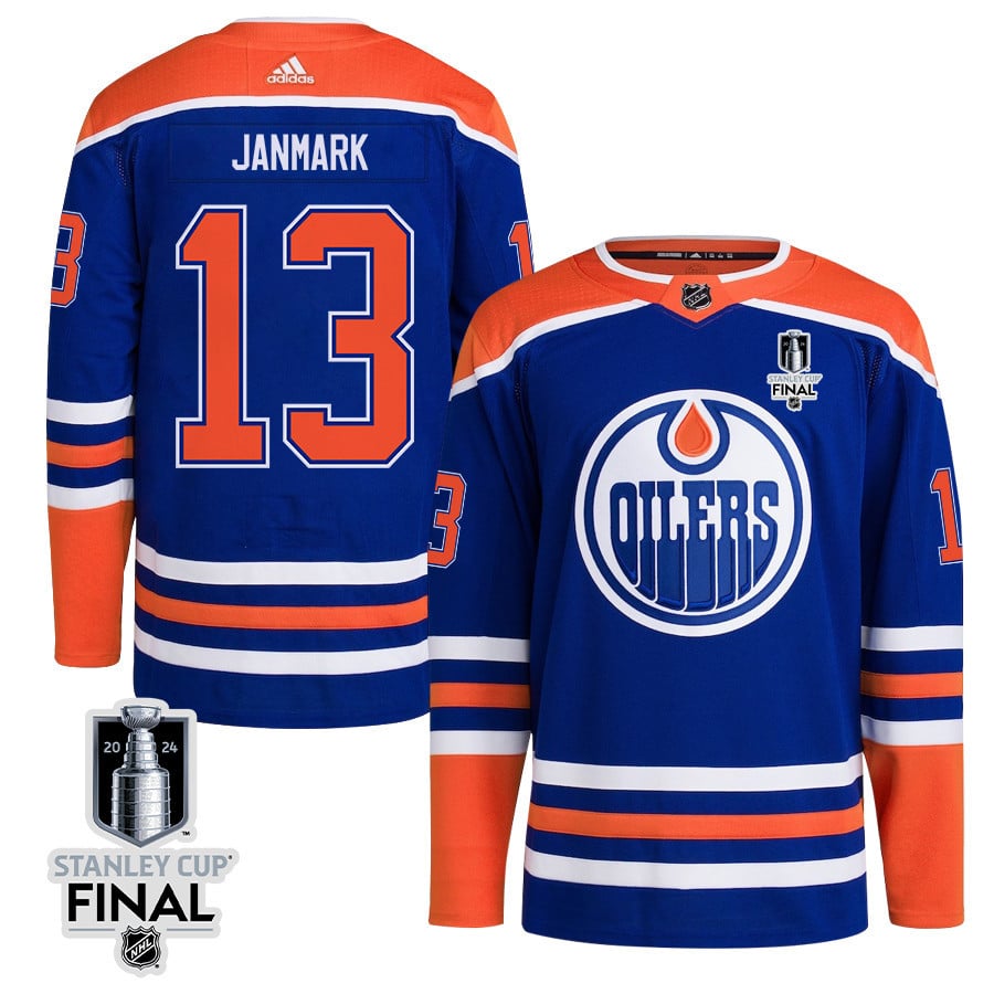 Mattias Janmark 13 Edmonton Oilers 2024 STANLEY CUP Final Home Primegreen Royal NHL Jersey Men's