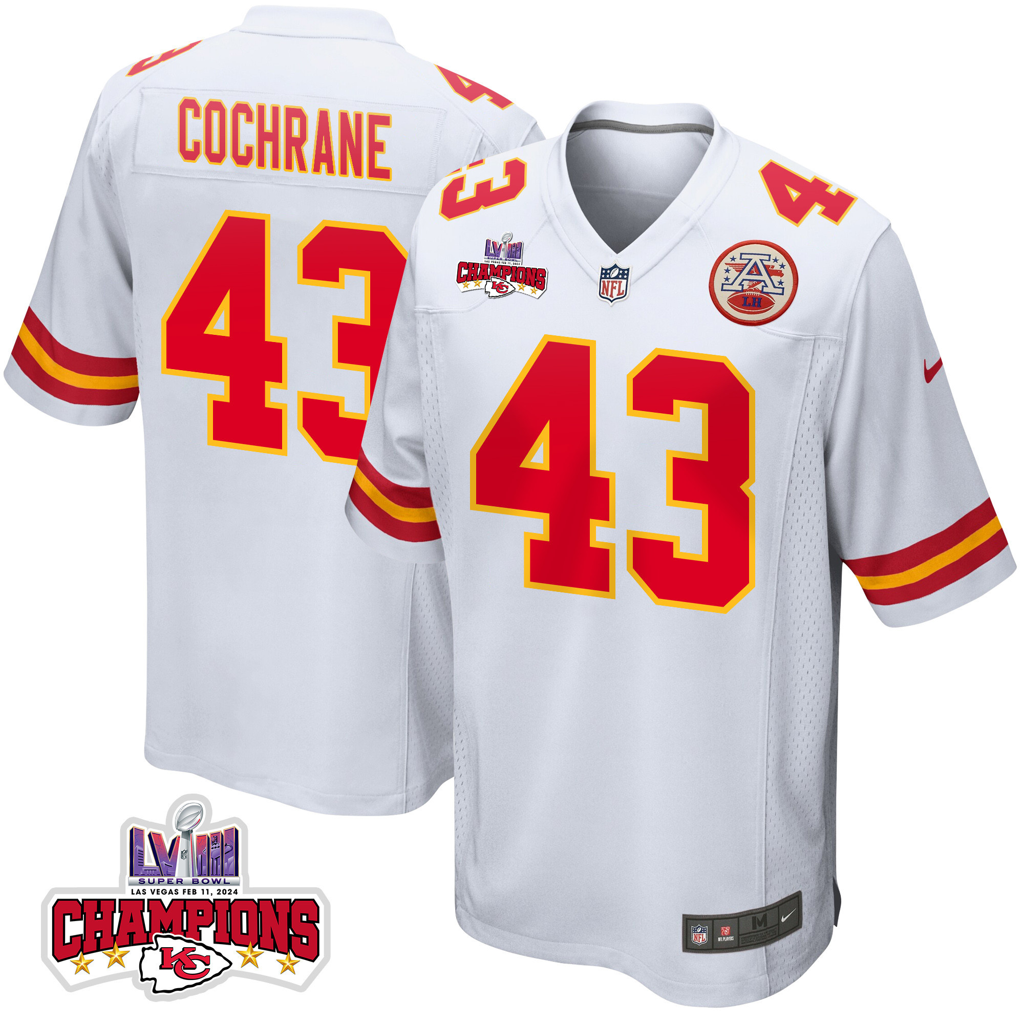Jack Cochrane 43 Kansas City Chiefs Super Bowl LVIII Champions 4 Stars Patch Game White NFL Jersey Men's
