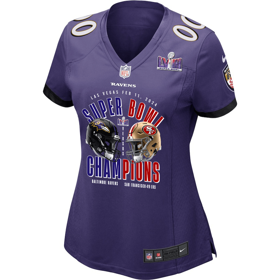 Baltimore Ravens vs. San Francisco 49ers Super Bowl LVIII Matchup Game Custom Purple NFL Jersey Women's