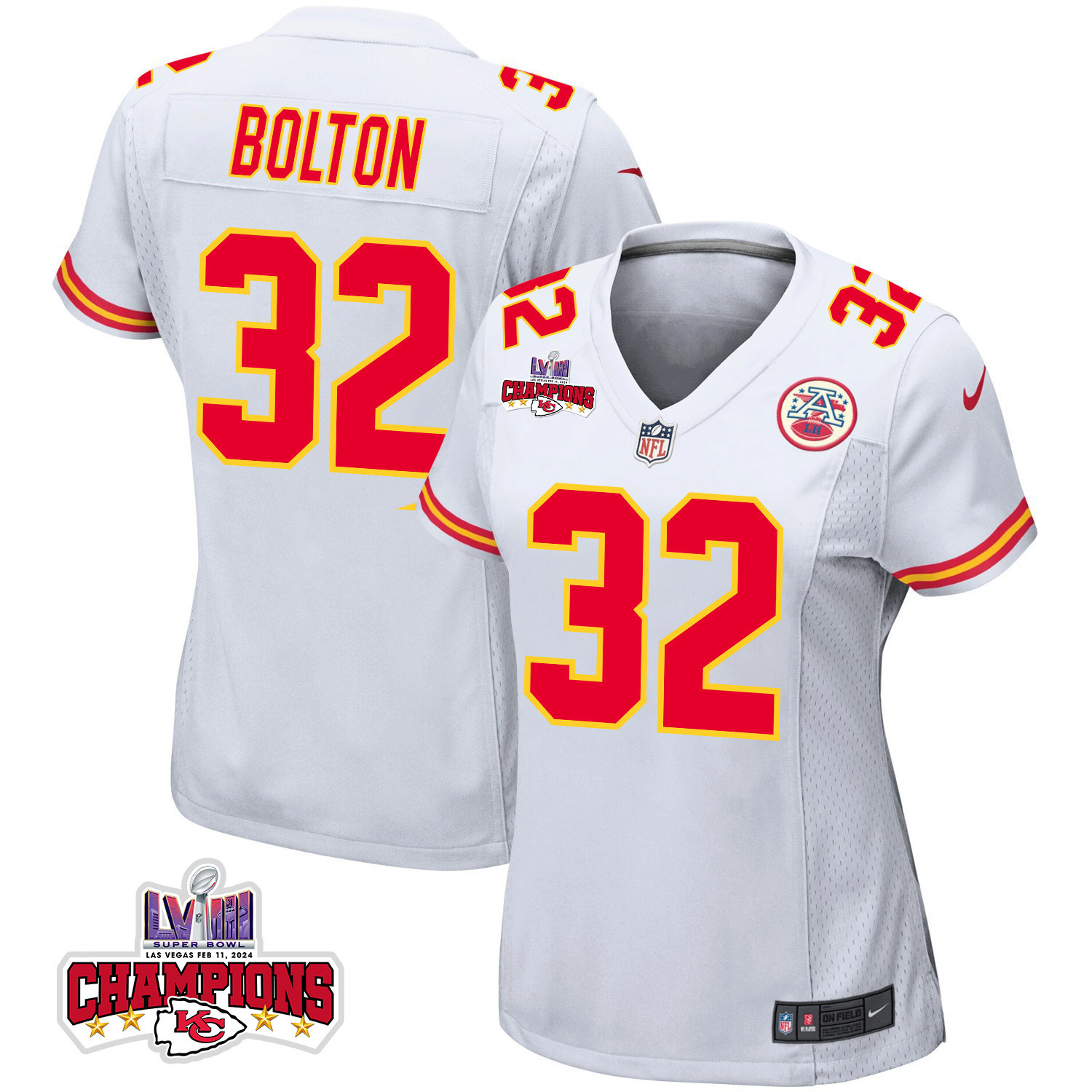 Nick Bolton 32 Kansas City Chiefs Super Bowl LVIII Champions 4 Stars Patch Game White NFL Jersey Women's