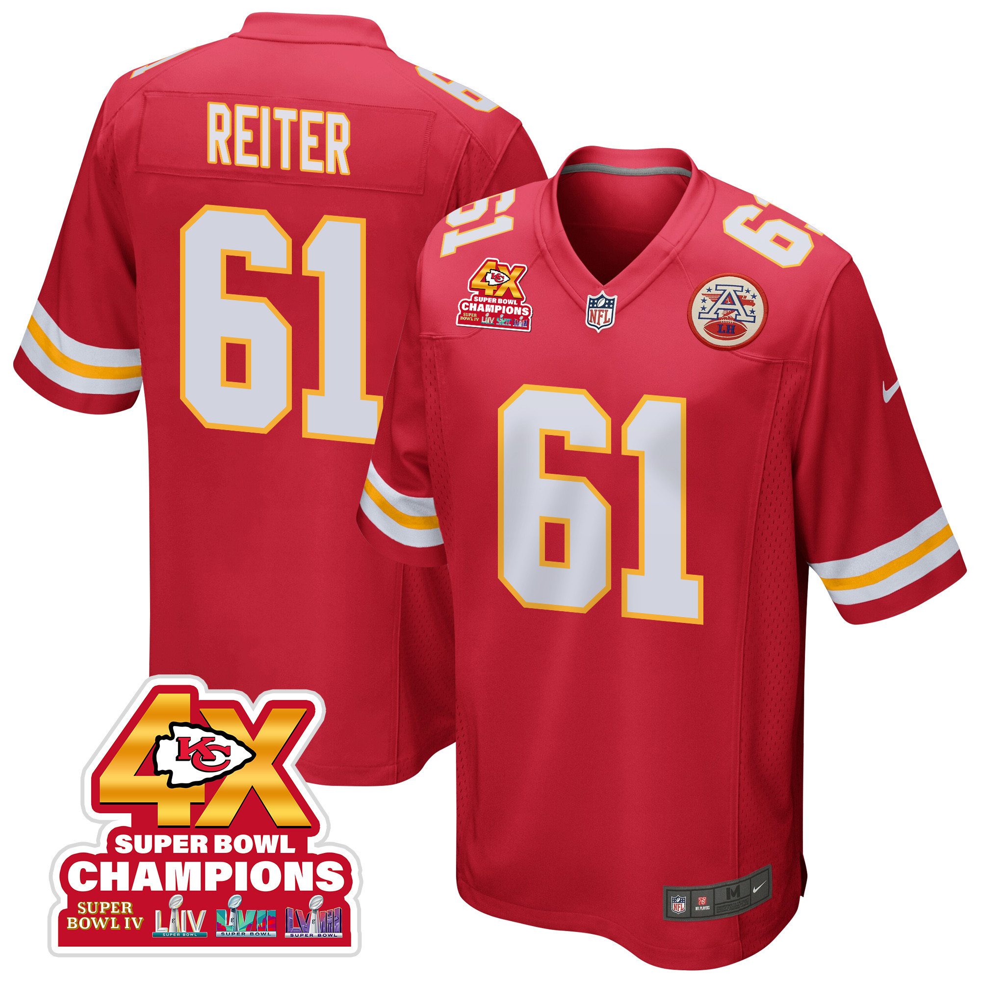 Austin Reiter 61 Kansas City Chiefs Super Bowl LVIII Champions 4X Game Red NFL Jersey Men's