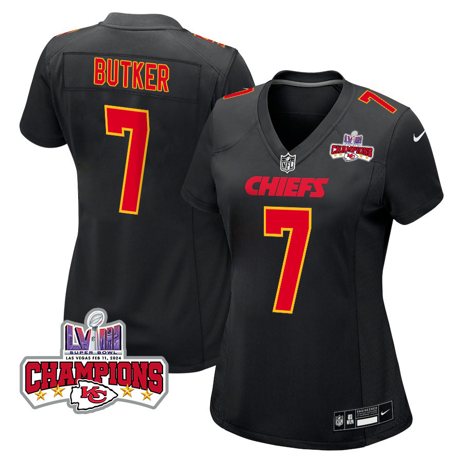 Harrison Butker 7 Kansas City Chiefs Super Bowl LVIII Champions 4 Stars Patch Fashion Game Carbon Black NFL Jersey Women's