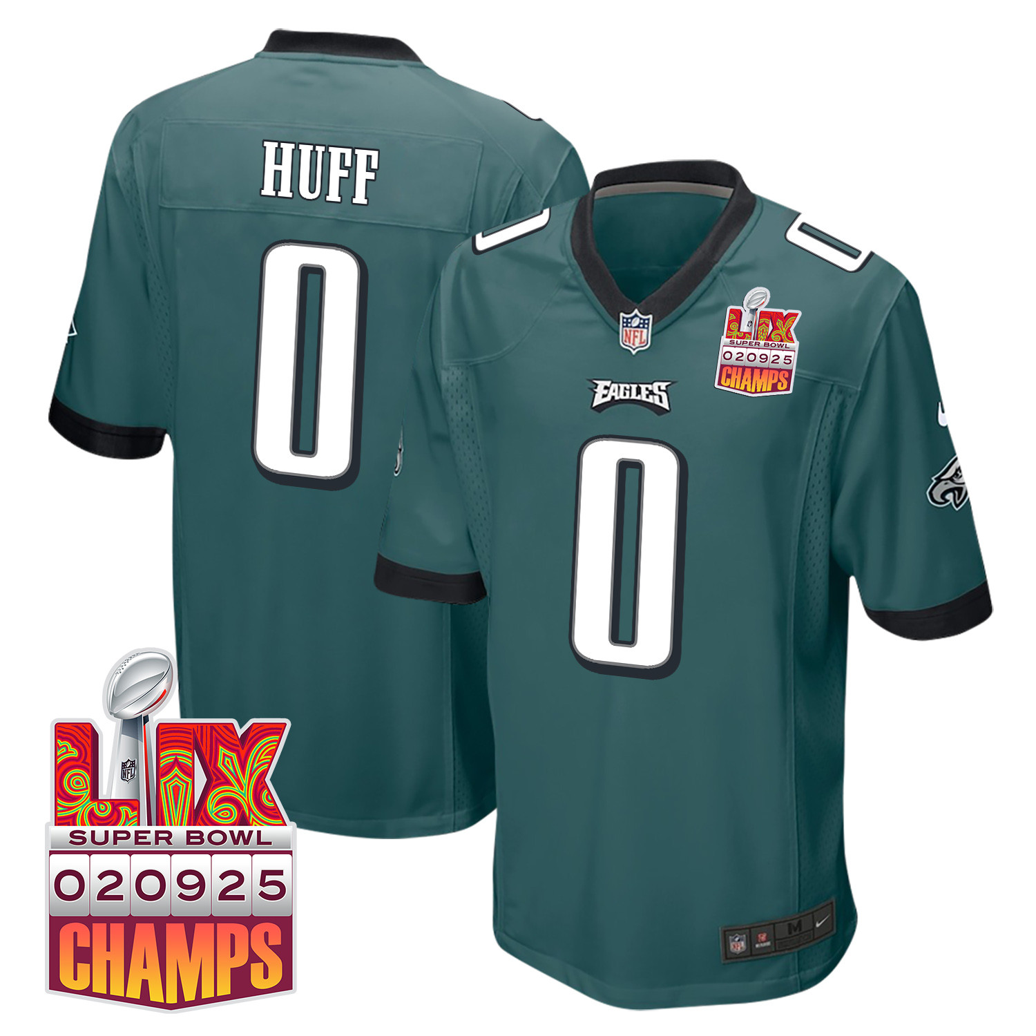 Bryce Huff 0 Philadelphia Eagles Super Bowl LIX Champions Patch Game Midnight Green NFL Jersey Men's