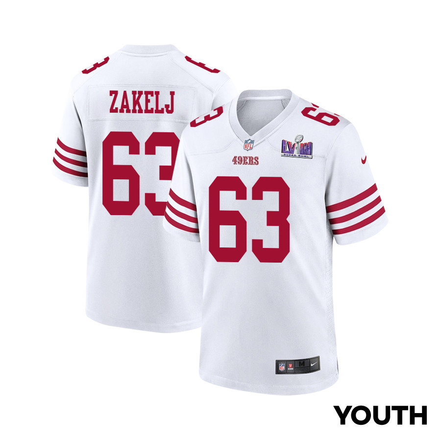 Nick Zakelj 63 San Francisco 49ers Super Bowl LVIII Patch Game White NFL Jersey Youth
