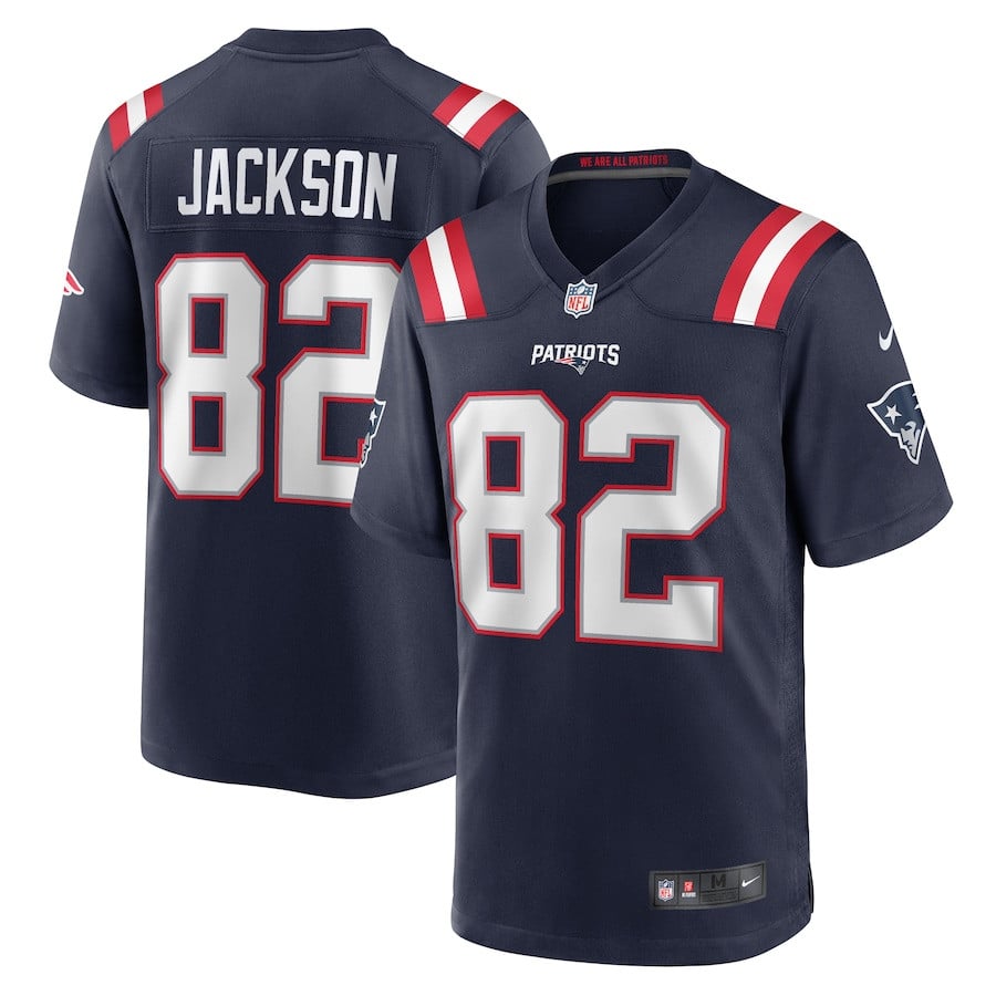 JaQuae Jackson 82 New England Patriots Game Navy NFL Jersey Men's
