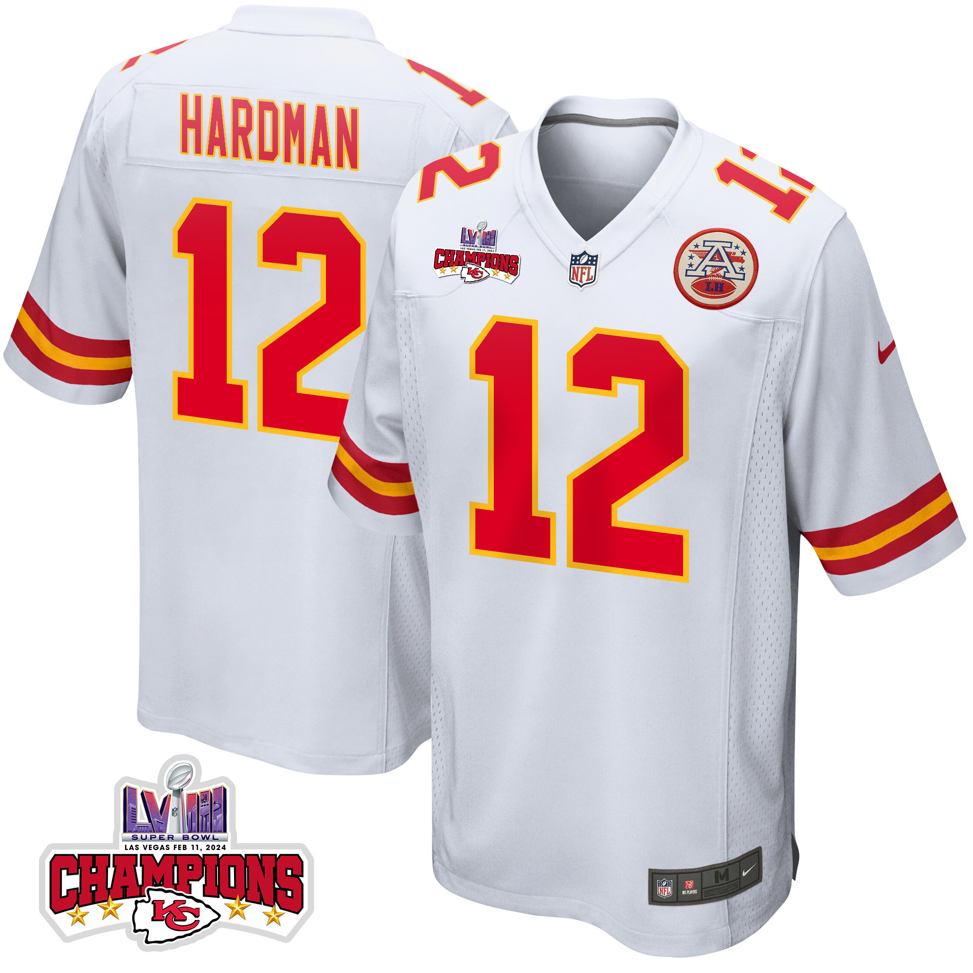 Mecole Hardman 12 Kansas City Chiefs Super Bowl LVIII Champions 4 Stars Patch Game White NFL Jersey Men's