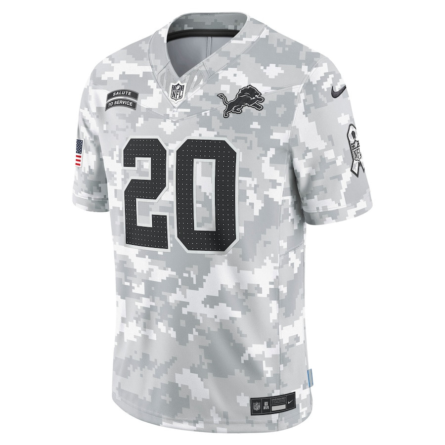 Barry Sanders 20 Detroit Lions 2024 Salute to Service Retired Player Limited Arctic Camo NFL Jersey Men's