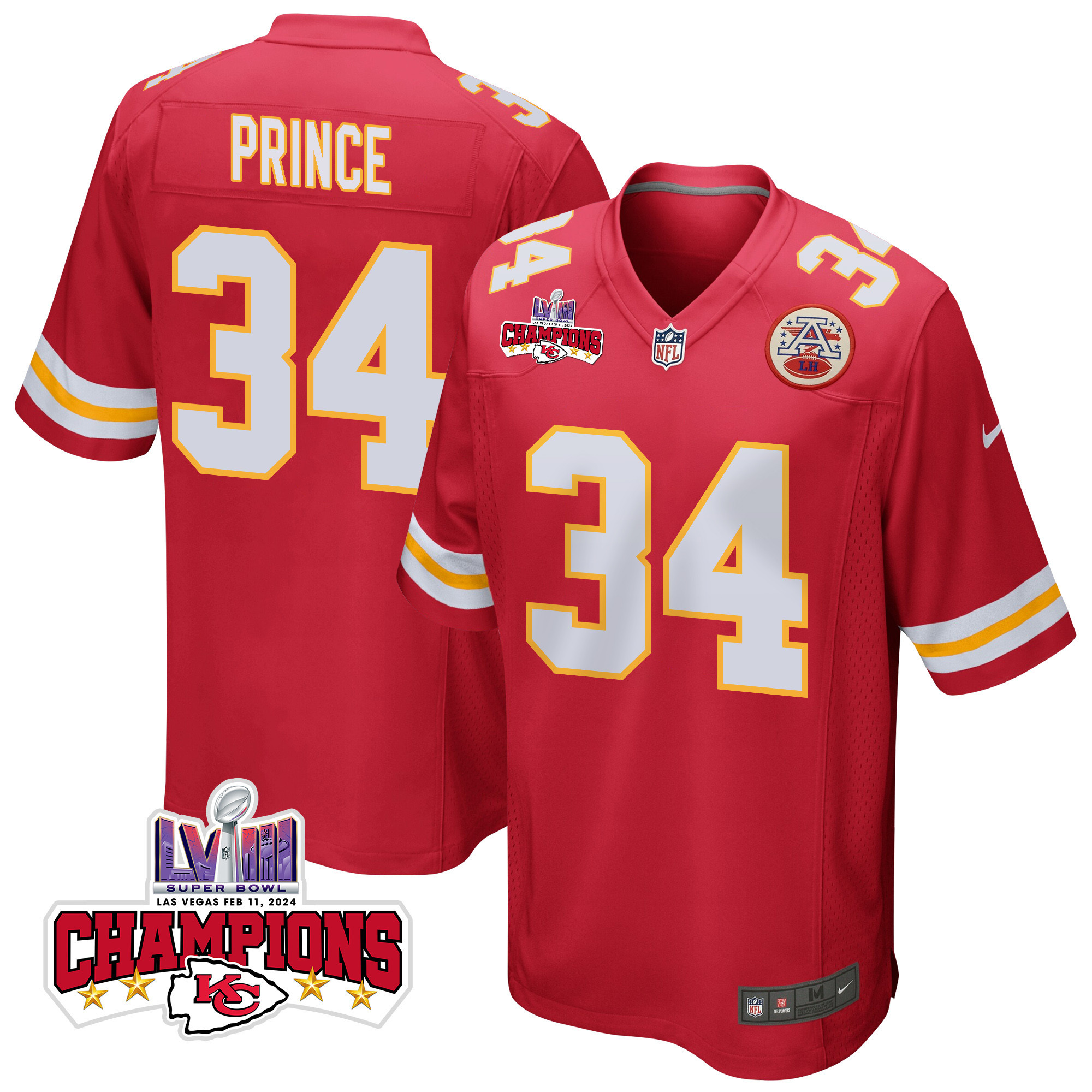 Deneric Prince 34 Kansas City Chiefs Super Bowl LVIII Champions 4 Stars Patch Game Red NFL Jersey Men's