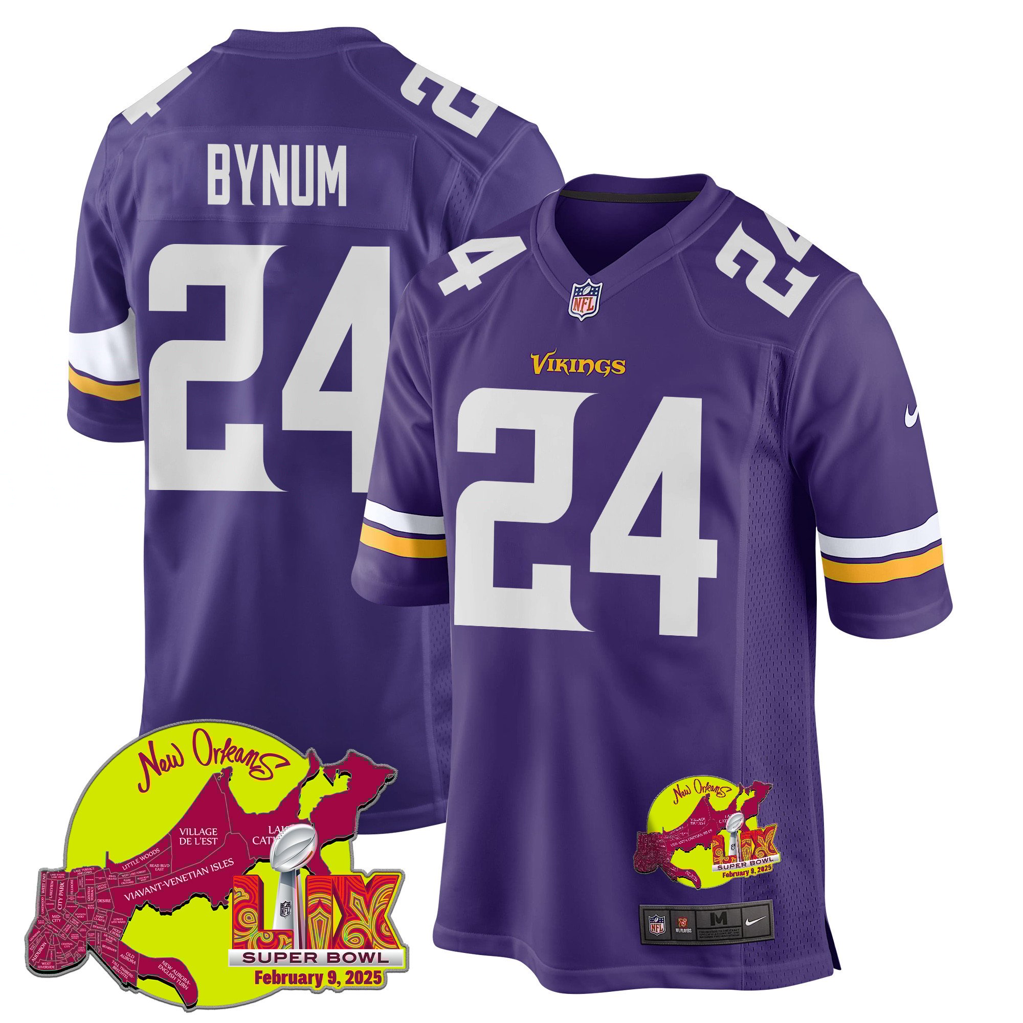 Camryn Bynum 24 Minnesota Vikings Super Bowl LIX New Orleans Patch Game Purple NFL Jersey Men's