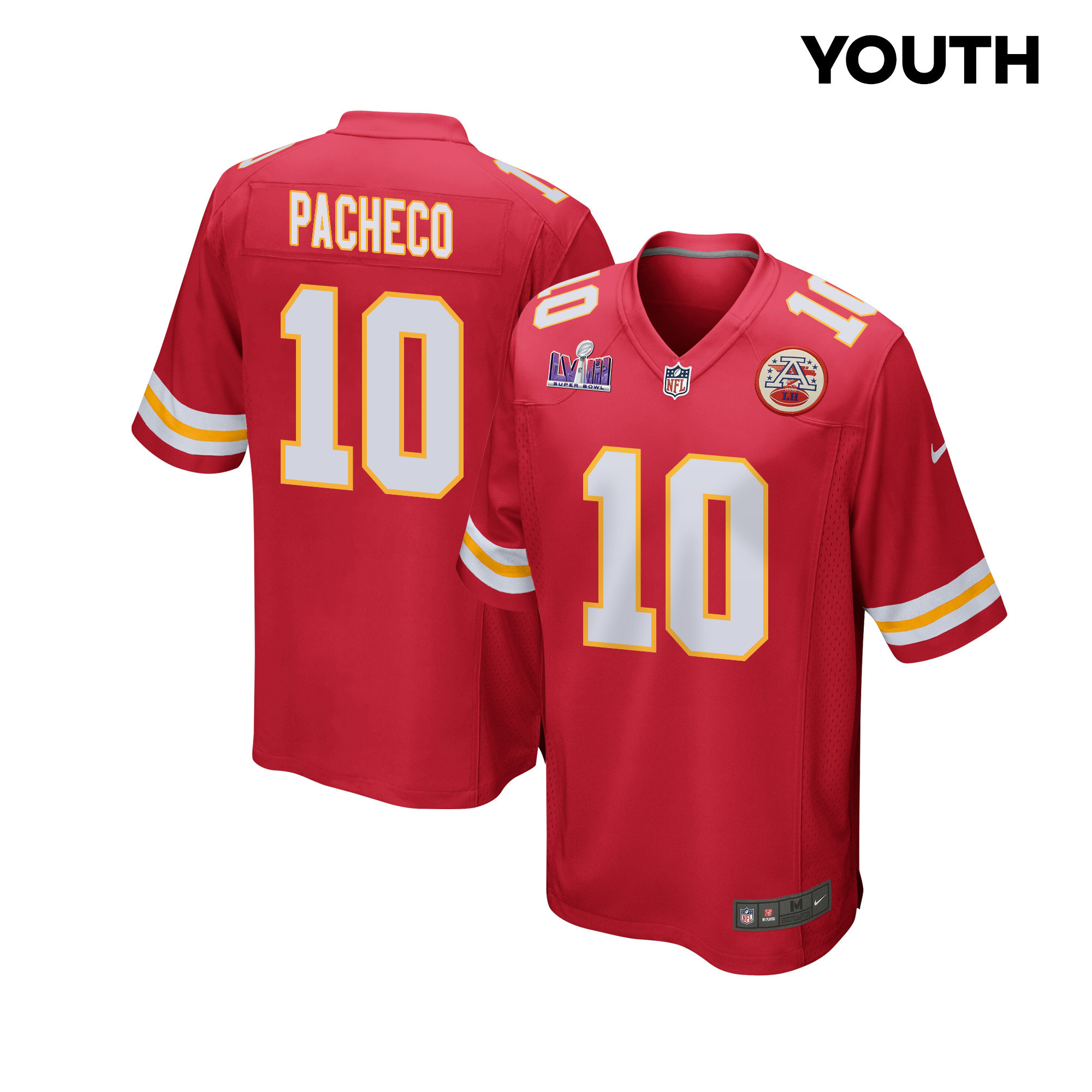 Isiah Pacheco 10 Kansas City Chiefs Super Bowl LVIII Patch Game Red NFL Jersey Youth