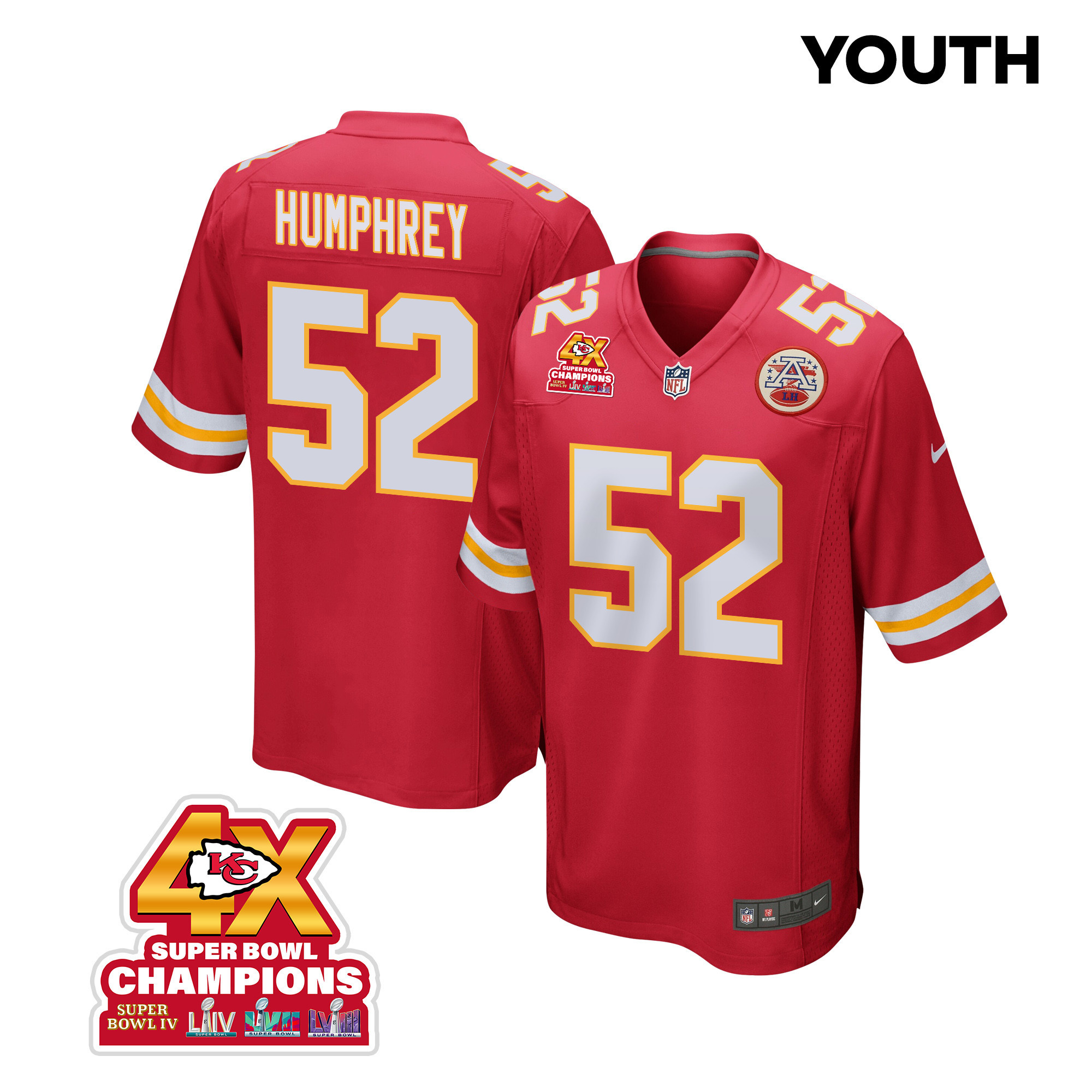 Creed Humphrey 52 Kansas City Chiefs Super Bowl LVIII Champions 4X Game Red NFL Jersey Youth