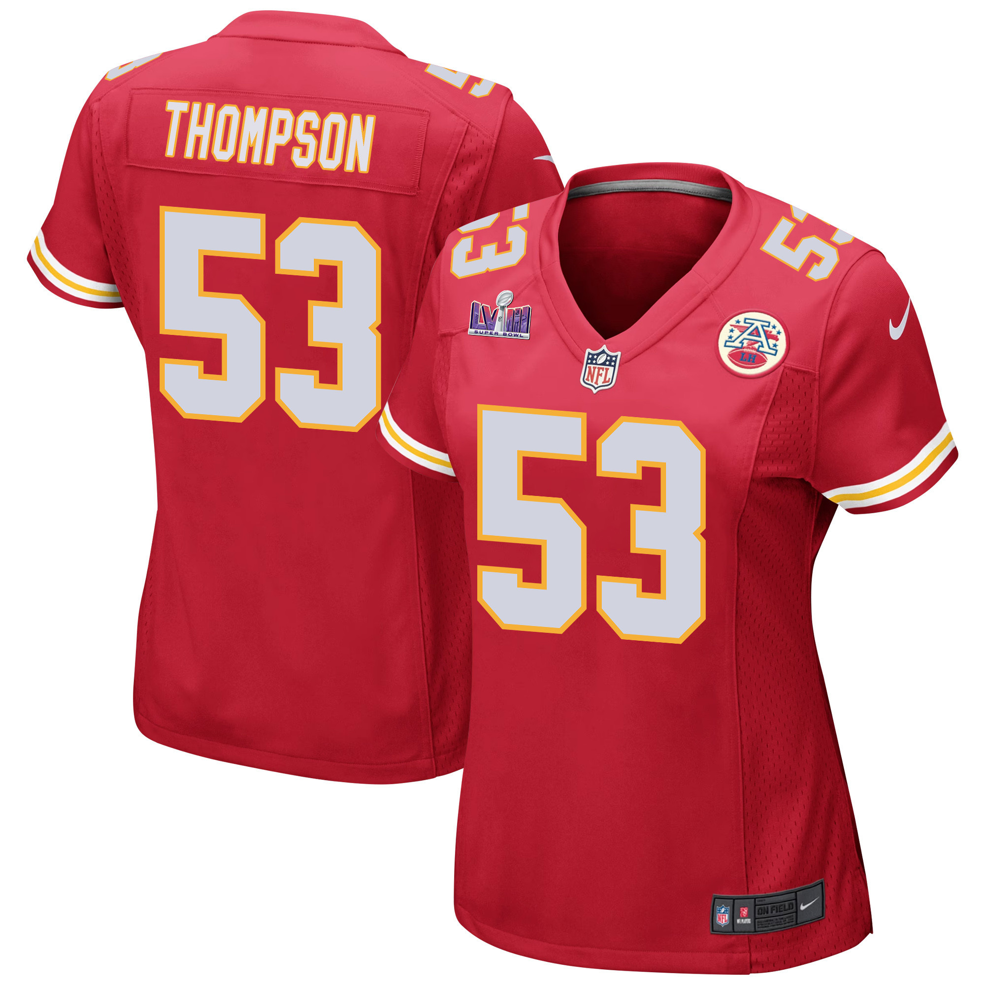 BJ Thompson 53 Kansas City Chiefs Super Bowl LVIII Patch Game Red NFL Jersey Women's