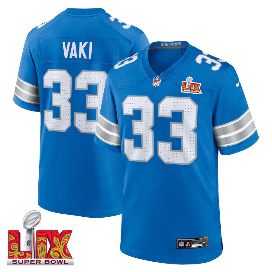 Sione Vaki #33 Detroit Lions Super Bowl LIX Blue NFL Jersey Men's