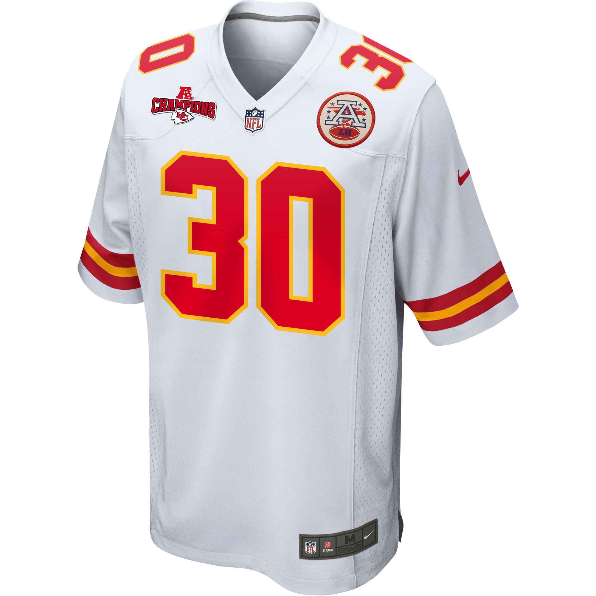 Keaontay Ingram 30 Kansas City Chiefs AFC Champions Patch Game White NFL Jersey Men's