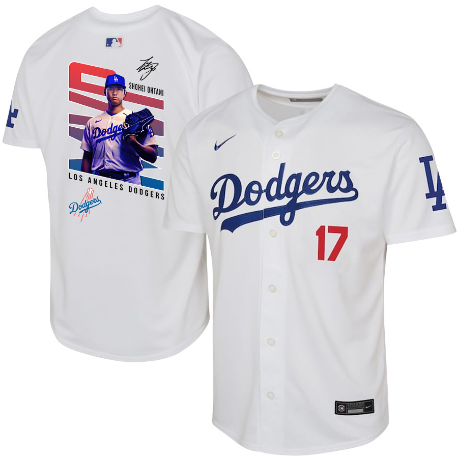 Shohei Ohtani 17 Los Angeles Dodgers Signed MVP 2023 Home White MLB Jersey Youth