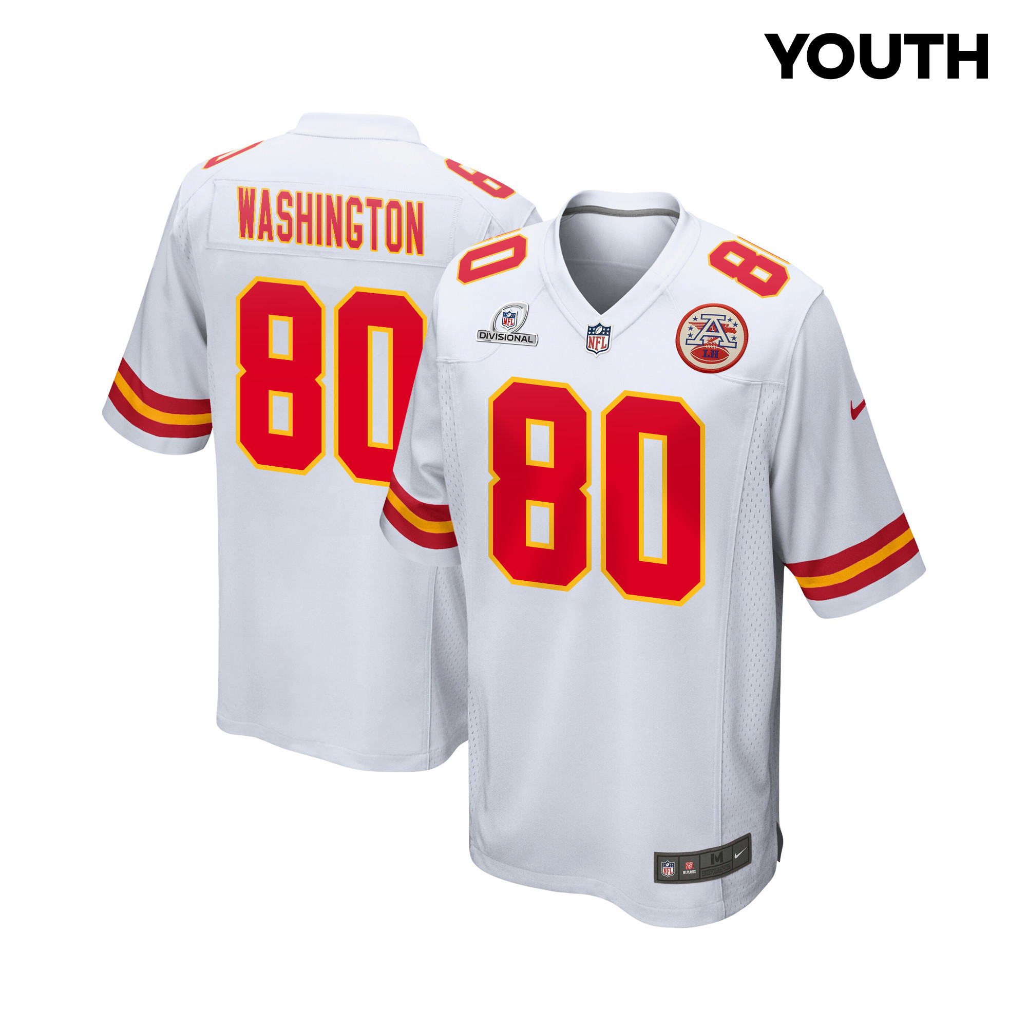 Montrell Washington 80 Kansas City Chiefs Super Bowl LVIII Patch Game White NFL Jersey Youth