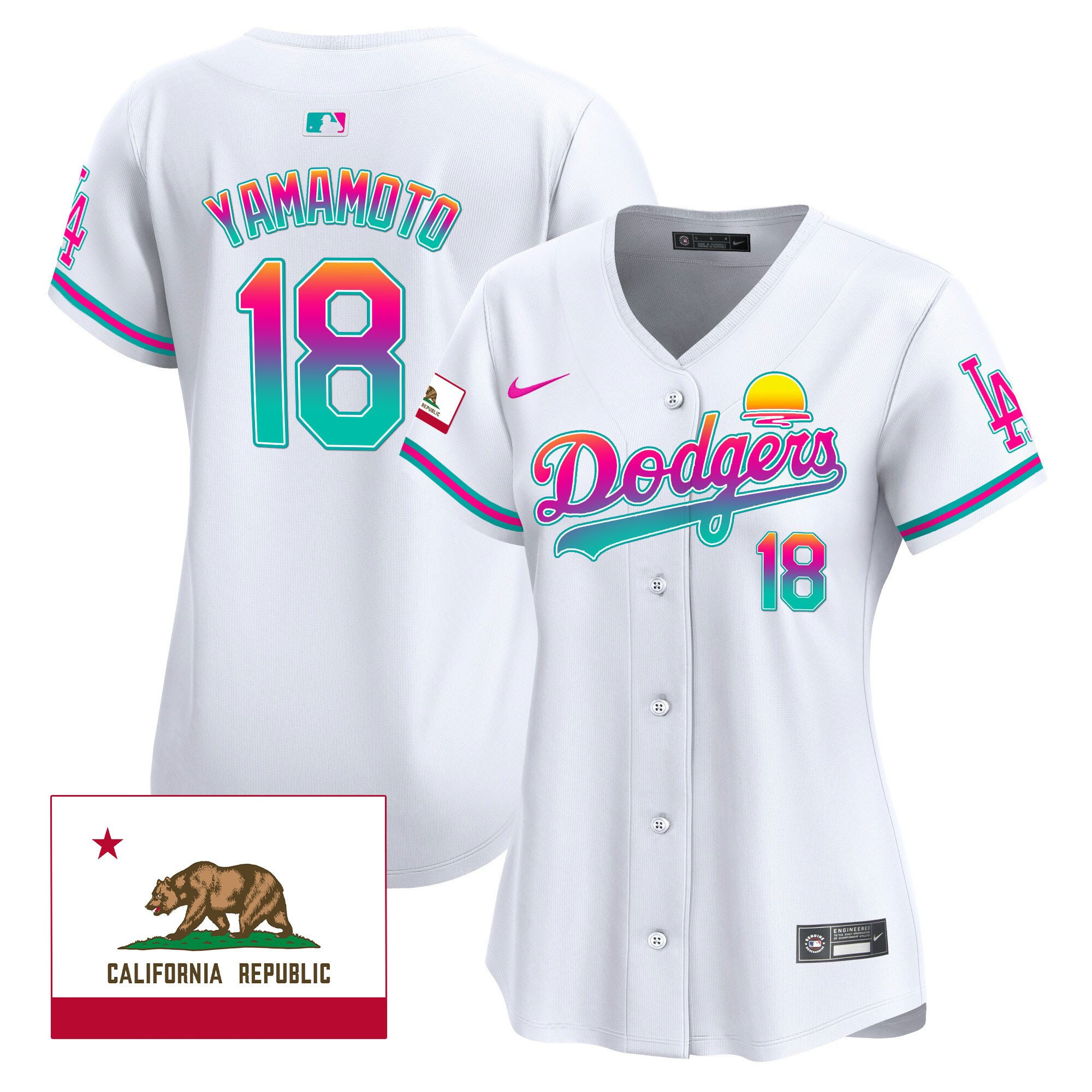 Yoshinobu Yamamoto 18 Los Angeles Dodgers 2024 Los Angeles City Style California Republic Patch White MLB Jersey Women's