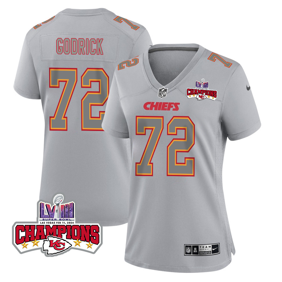 Chukwuebuka Godrick 72 Kansas City Chiefs Super Bowl LVIII Champions 4 Stars Patch Atmosphere Fashion Game Gray NFL Jersey Women's