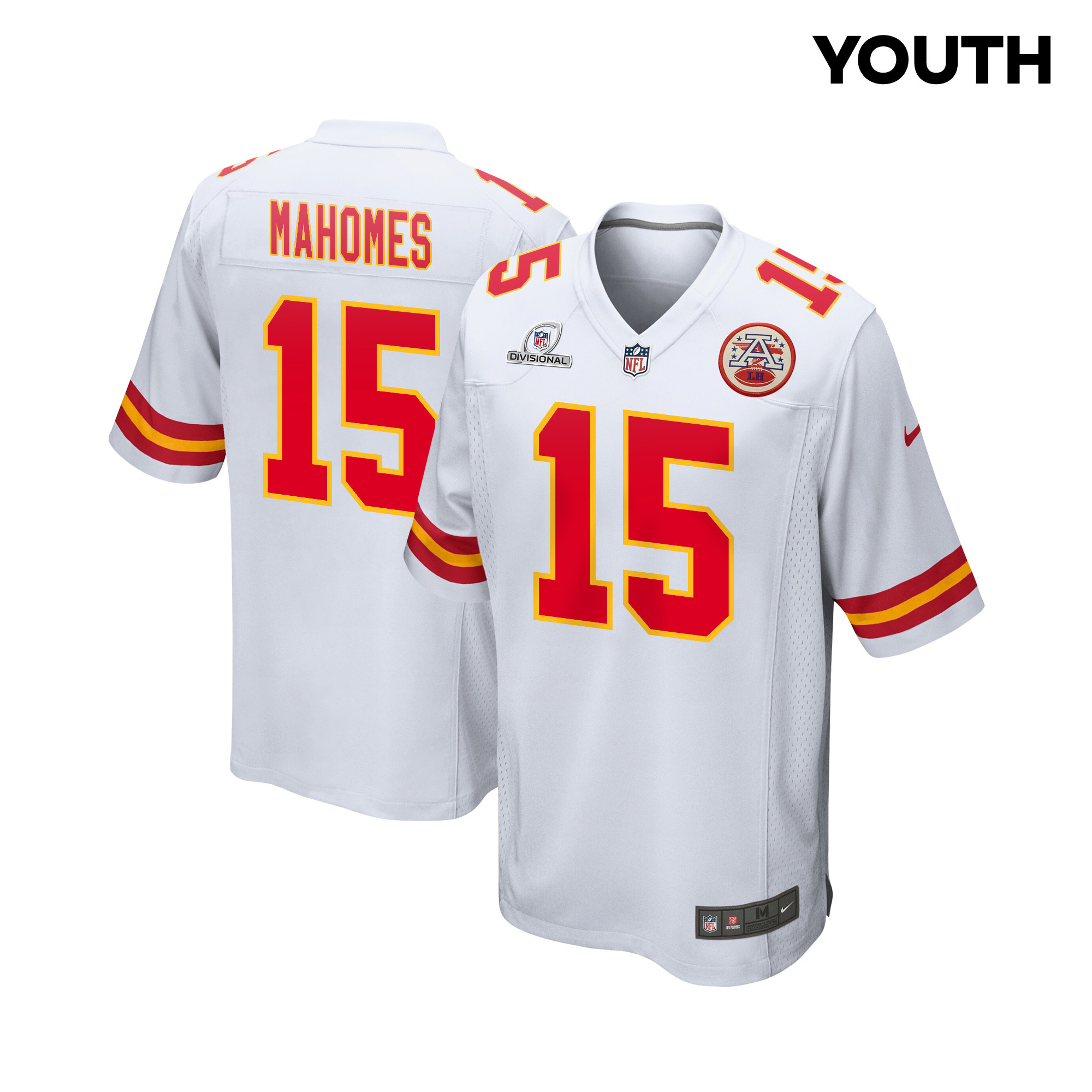 Patrick Mahomes 15 Kansas City Chiefs Super Bowl LVIII Patch Game White NFL Jersey Youth