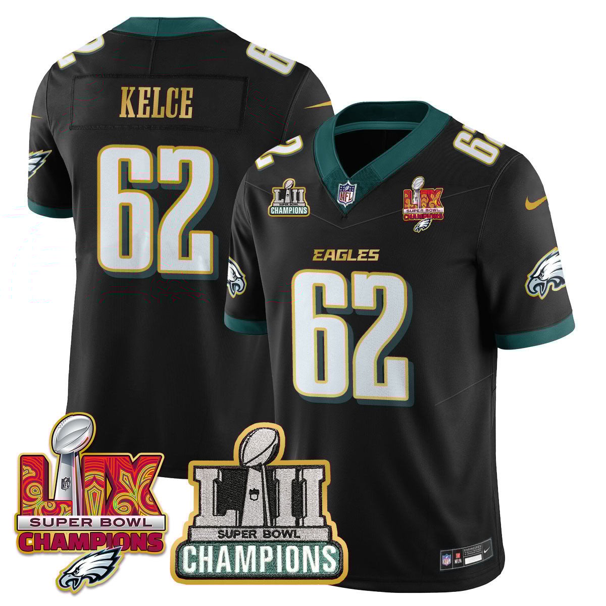 Jason Kelce 62 Philadelphia Eagles LII-LIX Super Bowl Champions Vapor Limited Gold Black NFL Jersey Men's
