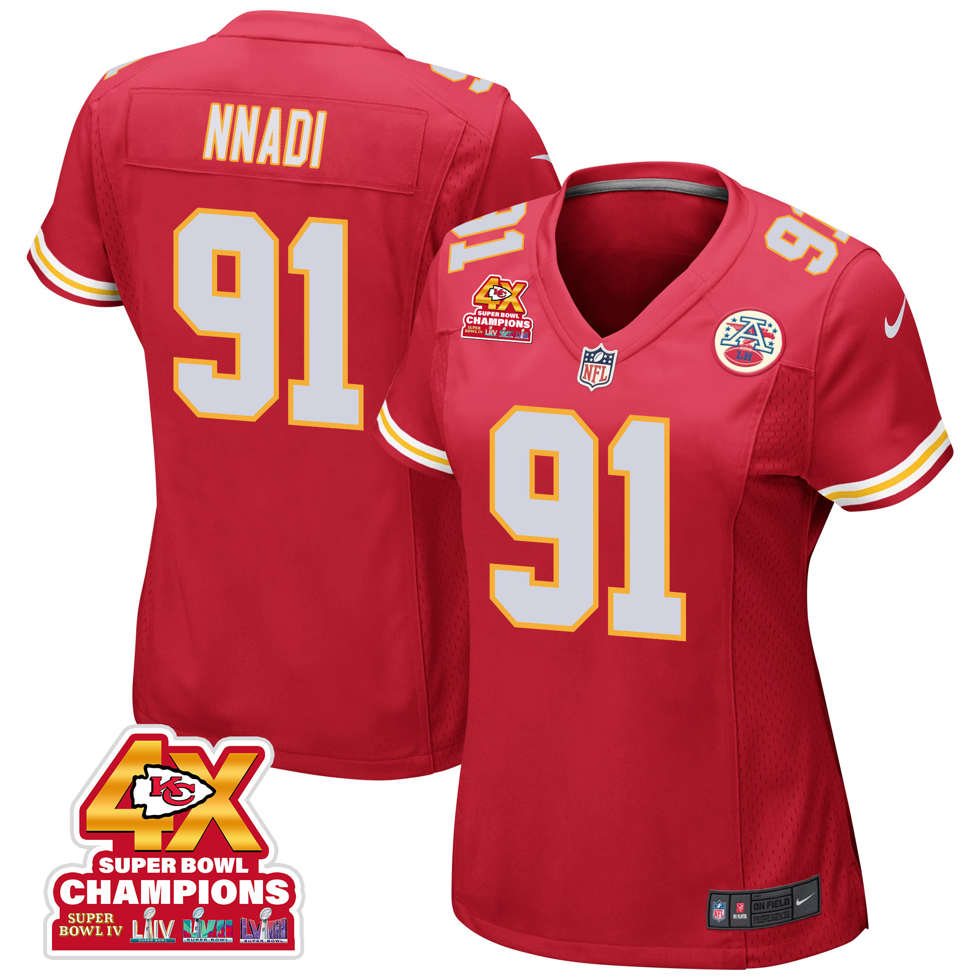 Derrick Nnadi 91 Kansas City Chiefs Super Bowl LVIII Champions 4X Game Red NFL Jersey Women's