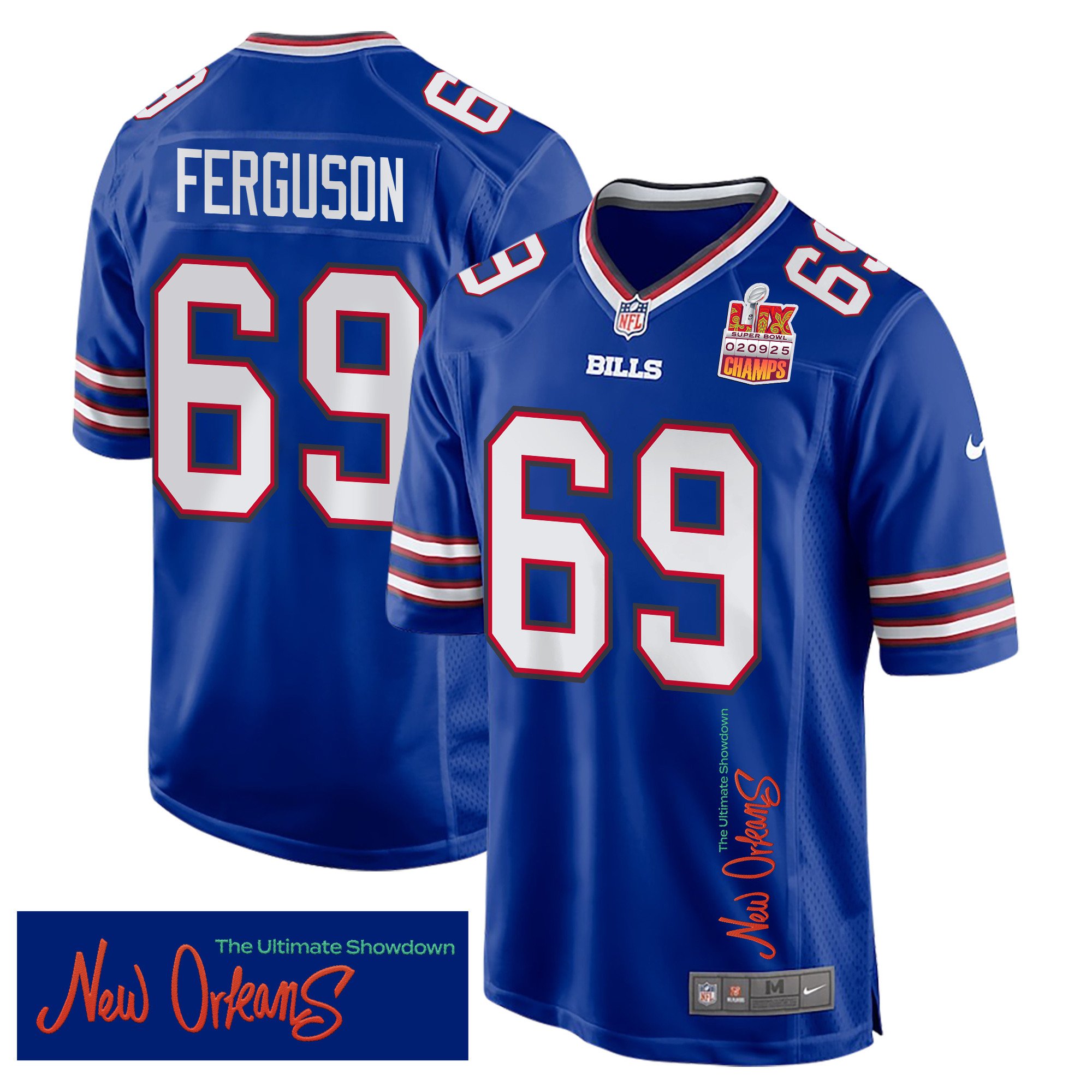Reid Ferguson 69 Buffalo Bills Super Bowl LIX Champions Patch New Orleans The Ultimate Showdown' EMBROIDERED Game Royal NFL Jersey Men's
