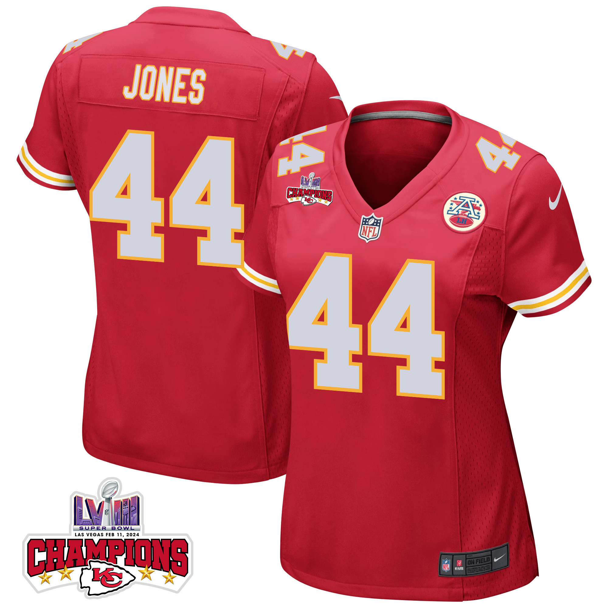 Cam Jones 44 Kansas City Chiefs Super Bowl LVIII Champions 4 Stars Patch Game Red NFL Jersey Women's