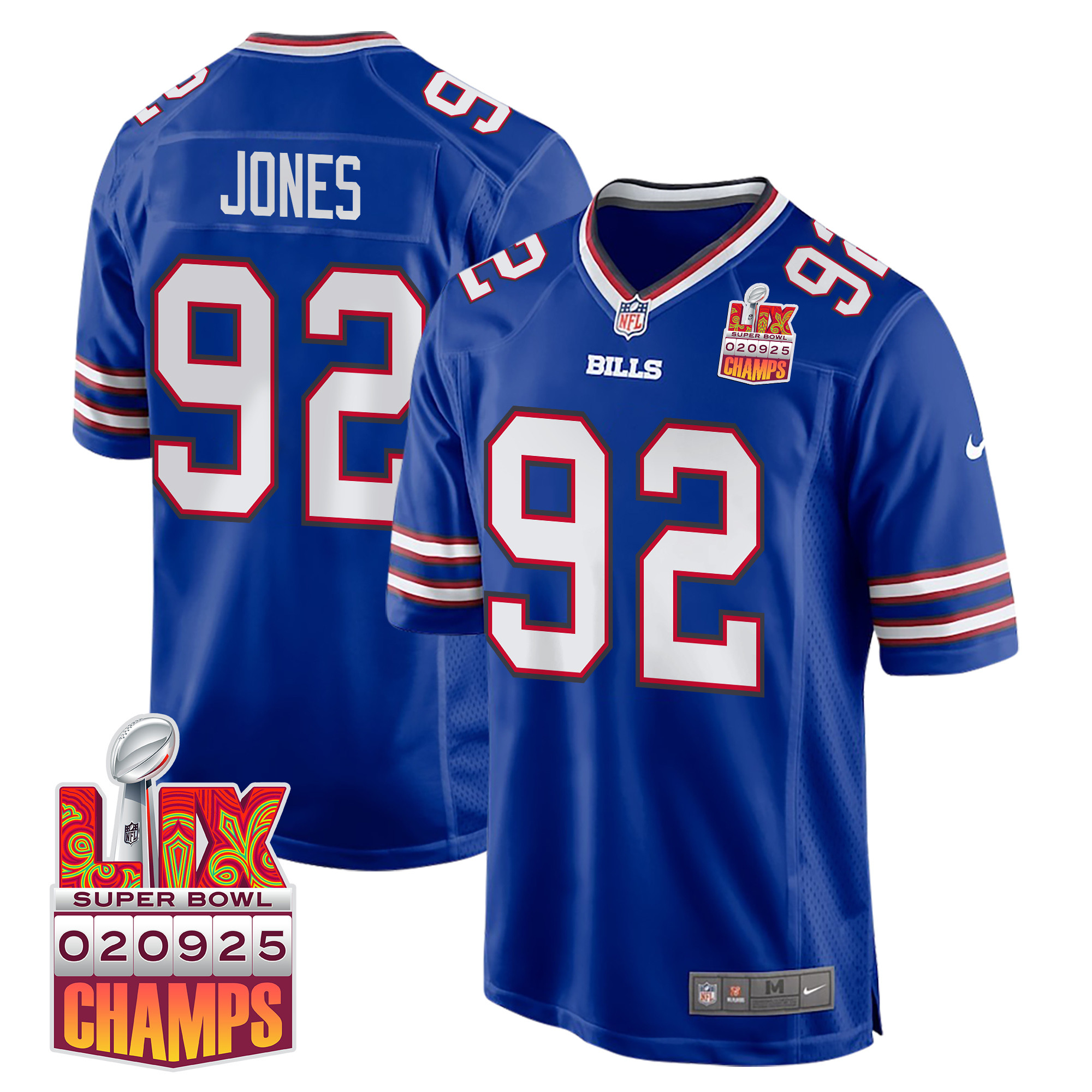 DaQuan Jones 92 Buffalo Bills Super Bowl LIX Champions Patch Game Royal NFL Jersey Men's