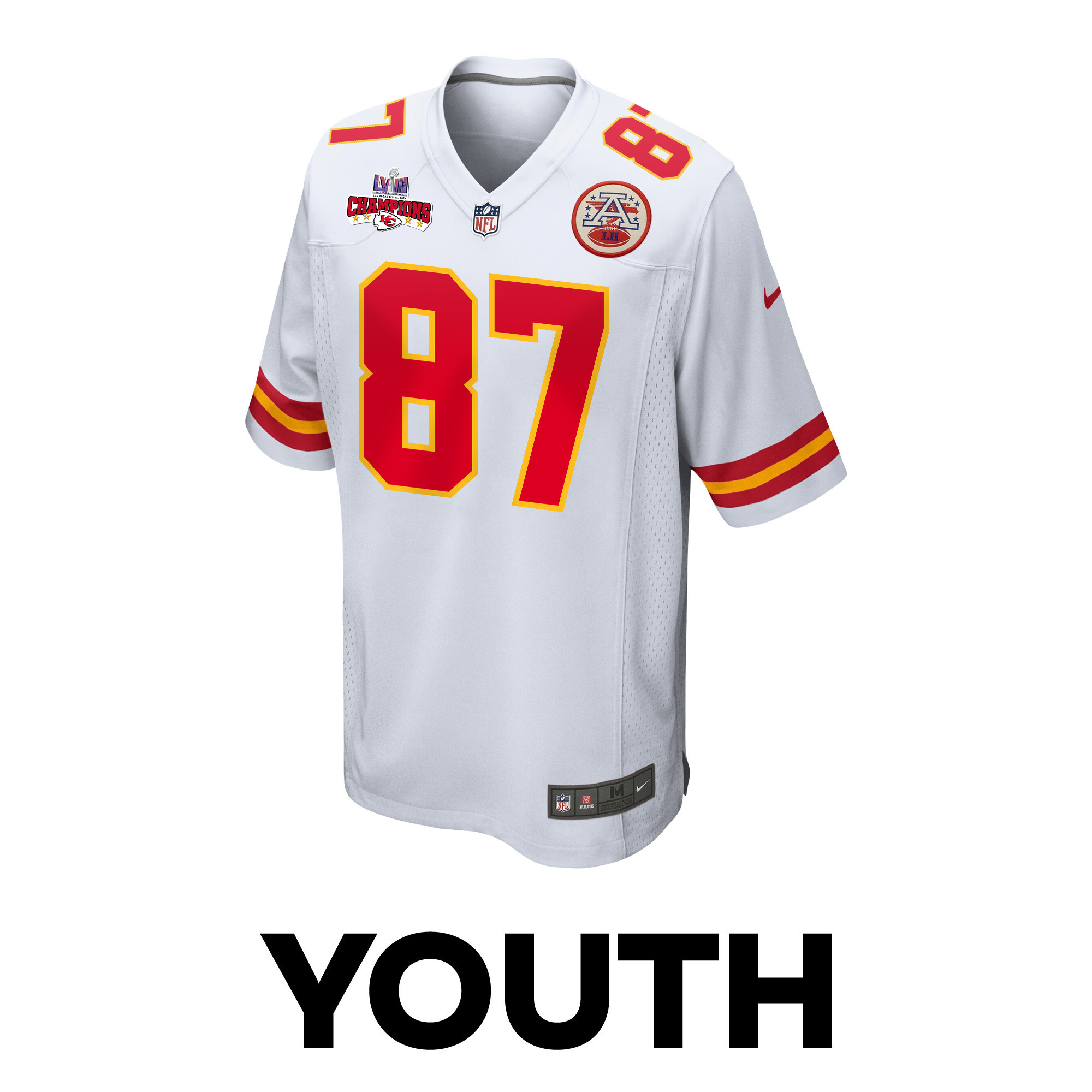 Travis Kelce 87 Kansas City Chiefs Super Bowl LVIII Champions 4 Stars Patch Game White NFL Jersey Youth