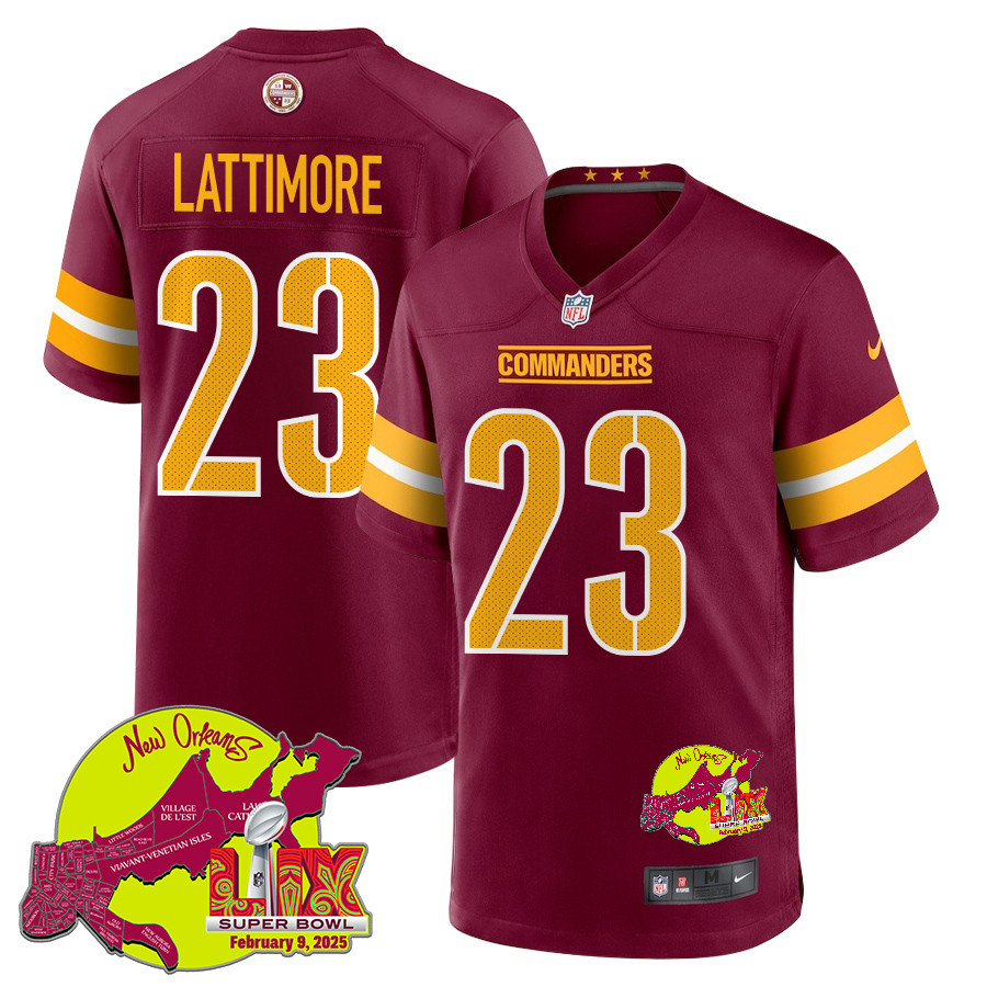 Marshon Lattimore 23 Washington Commanders Super Bowl LIX New Orleans Patch Game Burgundy NFL Jersey Men's