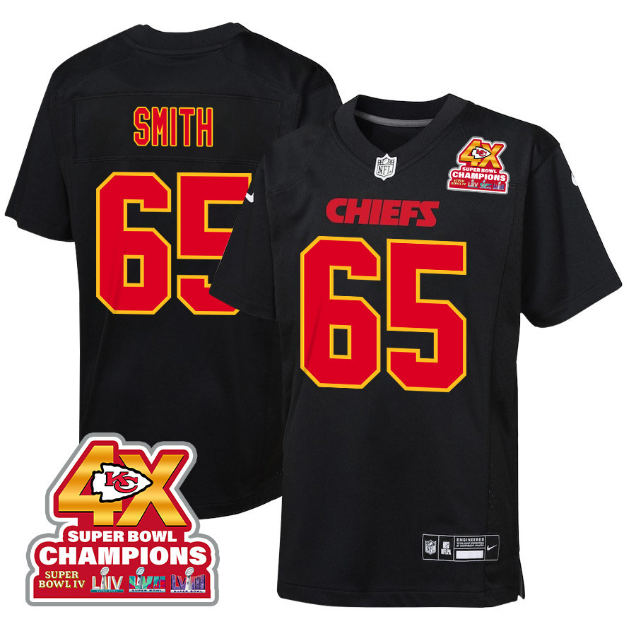 Trey Smith 65 Kansas City Chiefs Super Bowl LVIII Champions 4X Fashion Game Carbon Black NFL Jersey Youth