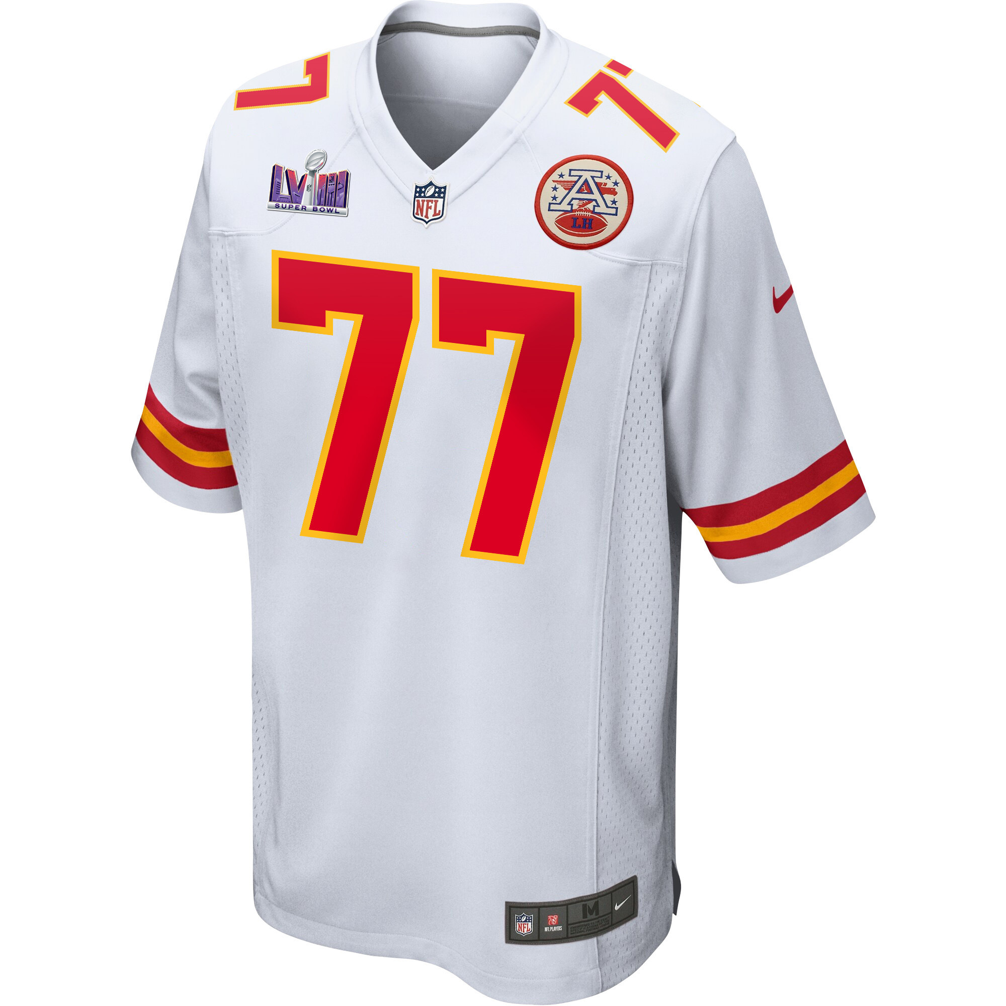 Lucas Niang 77 Kansas City Chiefs Super Bowl LVIII Patch Game White NFL Jersey Men's