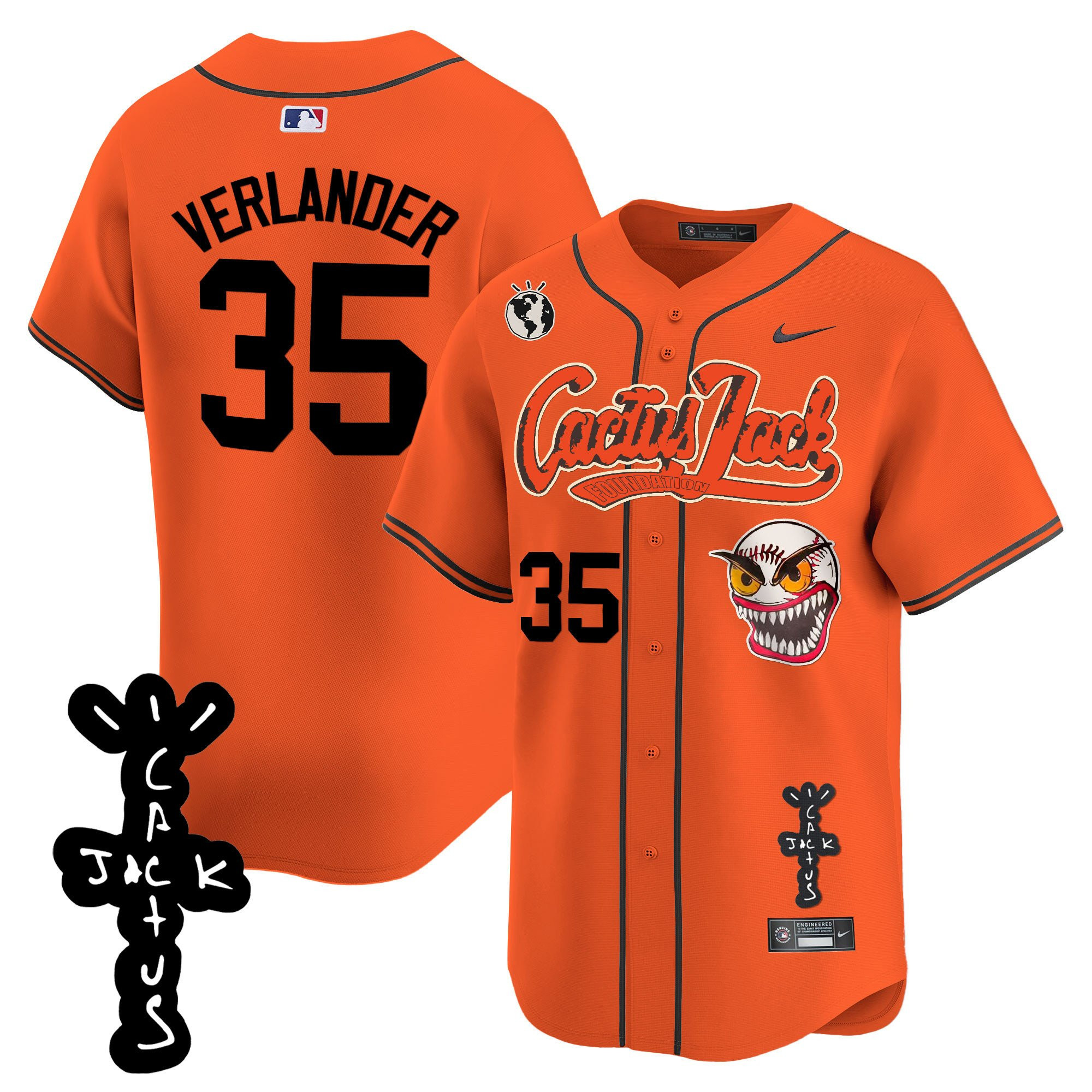Justin Verlander 35 Houston Astros Cactus Jack Patch V2 Orange MLB Jersey Men's