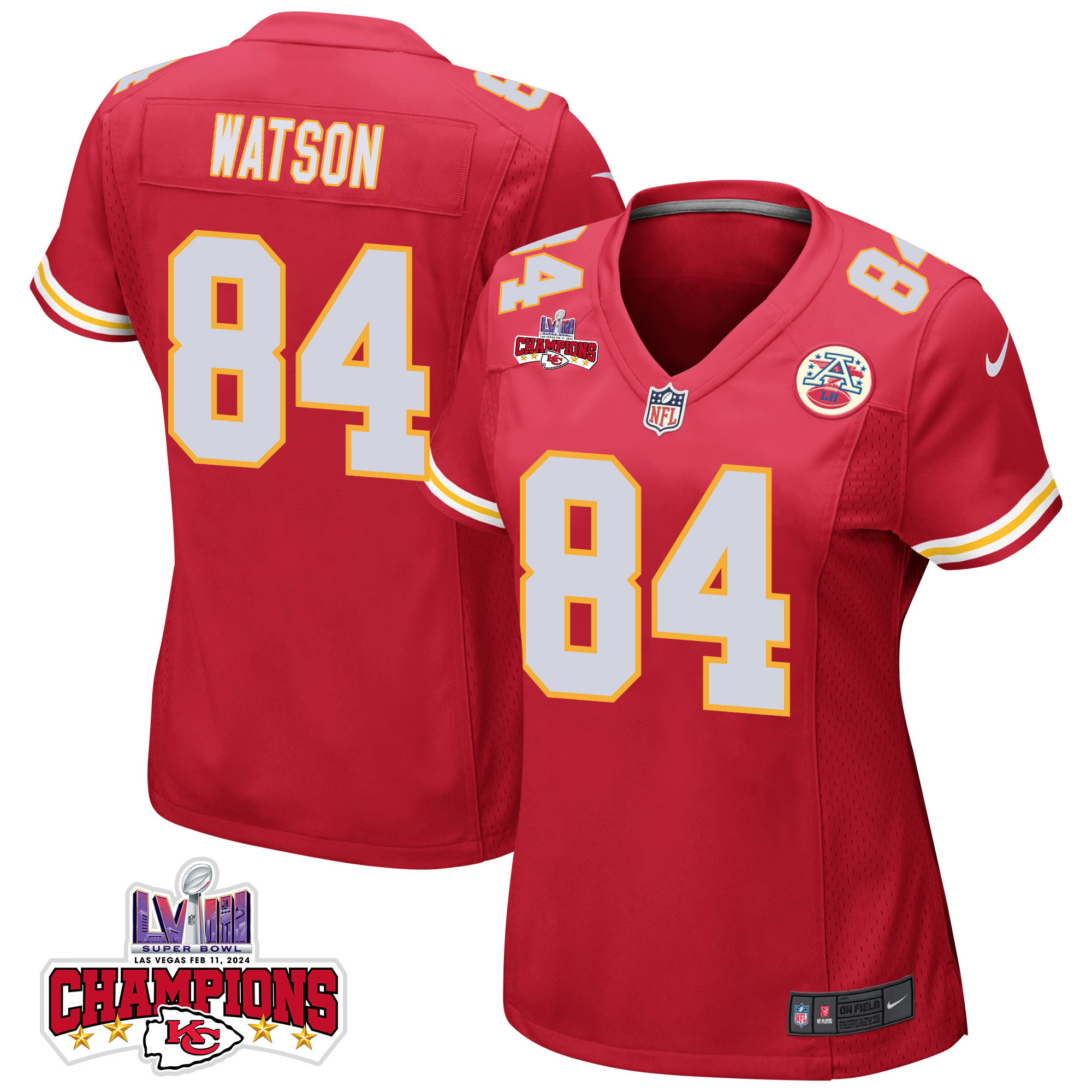 Justin Watson 84 Kansas City Chiefs Super Bowl LVIII Champions 4 Stars Patch Game Red NFL Jersey Women's