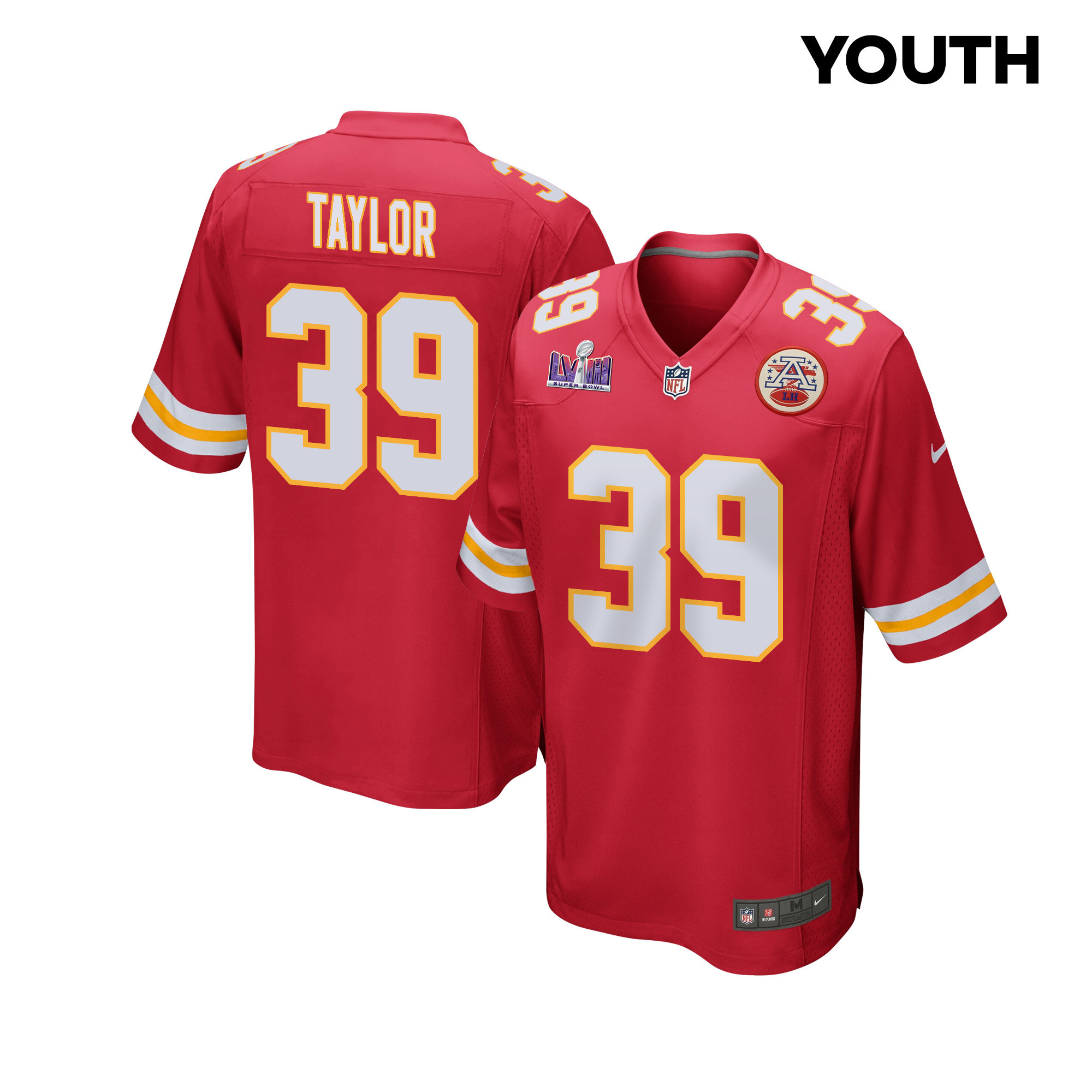 Keith Taylor 39 Kansas City Chiefs Super Bowl LVIII Patch Game Red NFL Jersey Youth