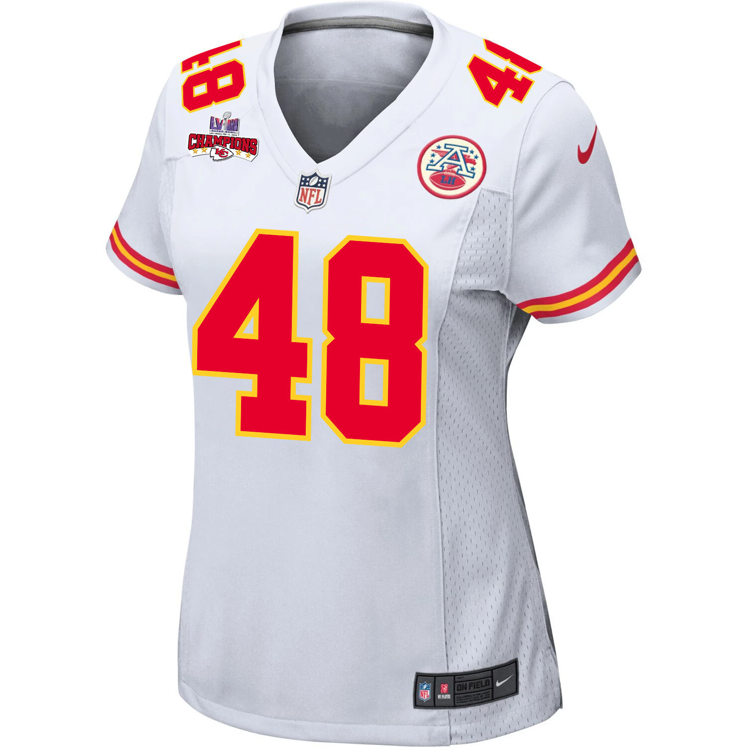Cole Christiansen 48 Kansas City Chiefs Super Bowl LVIII Champions 4 Stars Patch Game White NFL Jersey Women's