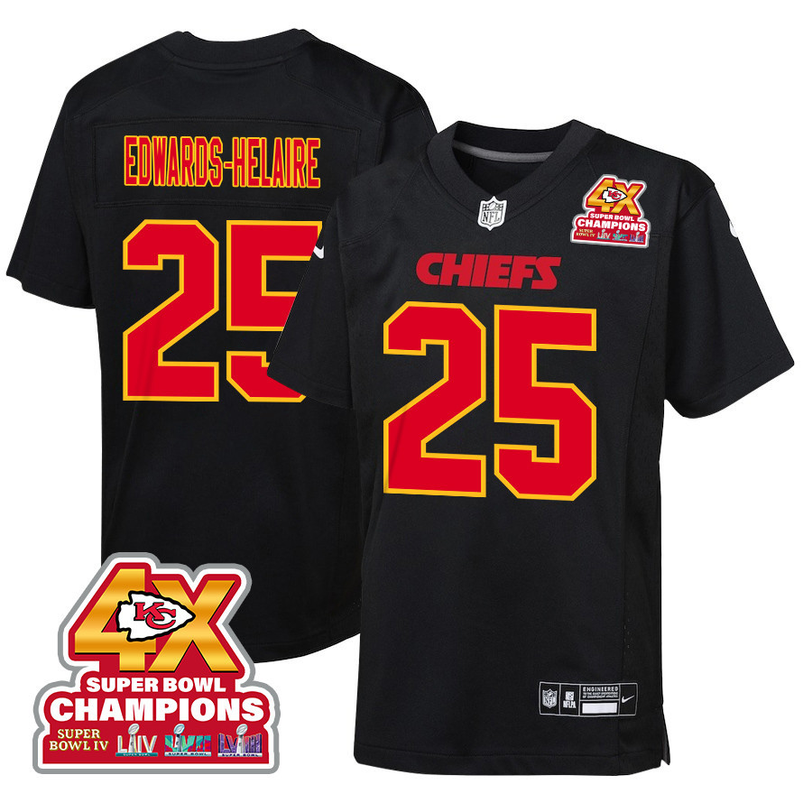 Clyde Edwards-Helaire 25 Kansas City Chiefs Super Bowl LVIII Champions 4X Fashion Game Carbon Black NFL Jersey Youth