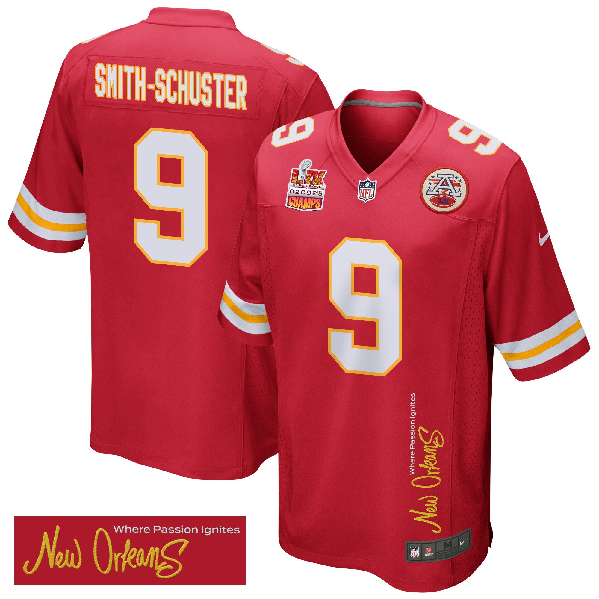 JuJu Smith-Schuster 9 Kansas City Chiefs Super Bowl LIX Champions Patch New Orleans Where Passion Ignites' EMBROIDERED Game Red NFL Jersey Men's